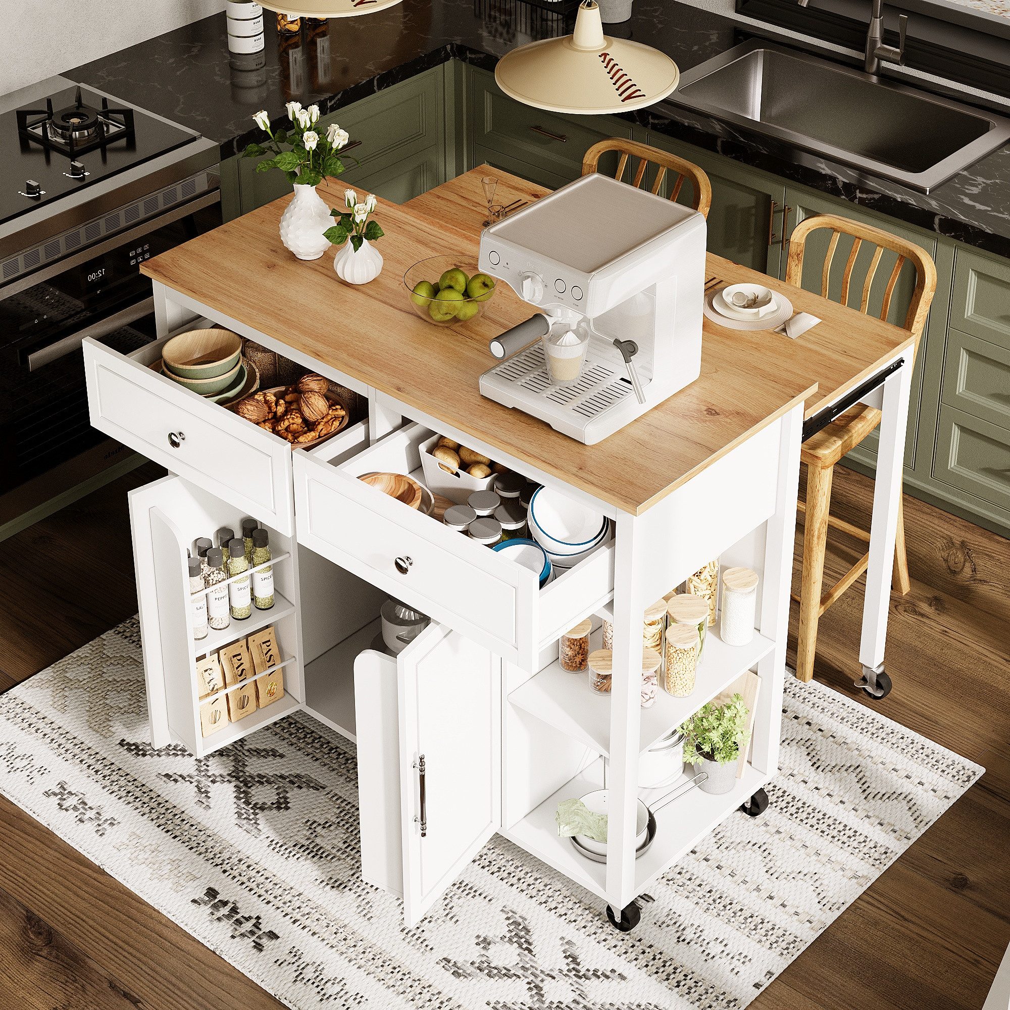 i@home Кухниinsel 3-in-1 Кухниinsel mit Rollen, Кухниwagen & Sideboard, platzsparend & mobil, modernes Design in Weiß/Holzoptik
