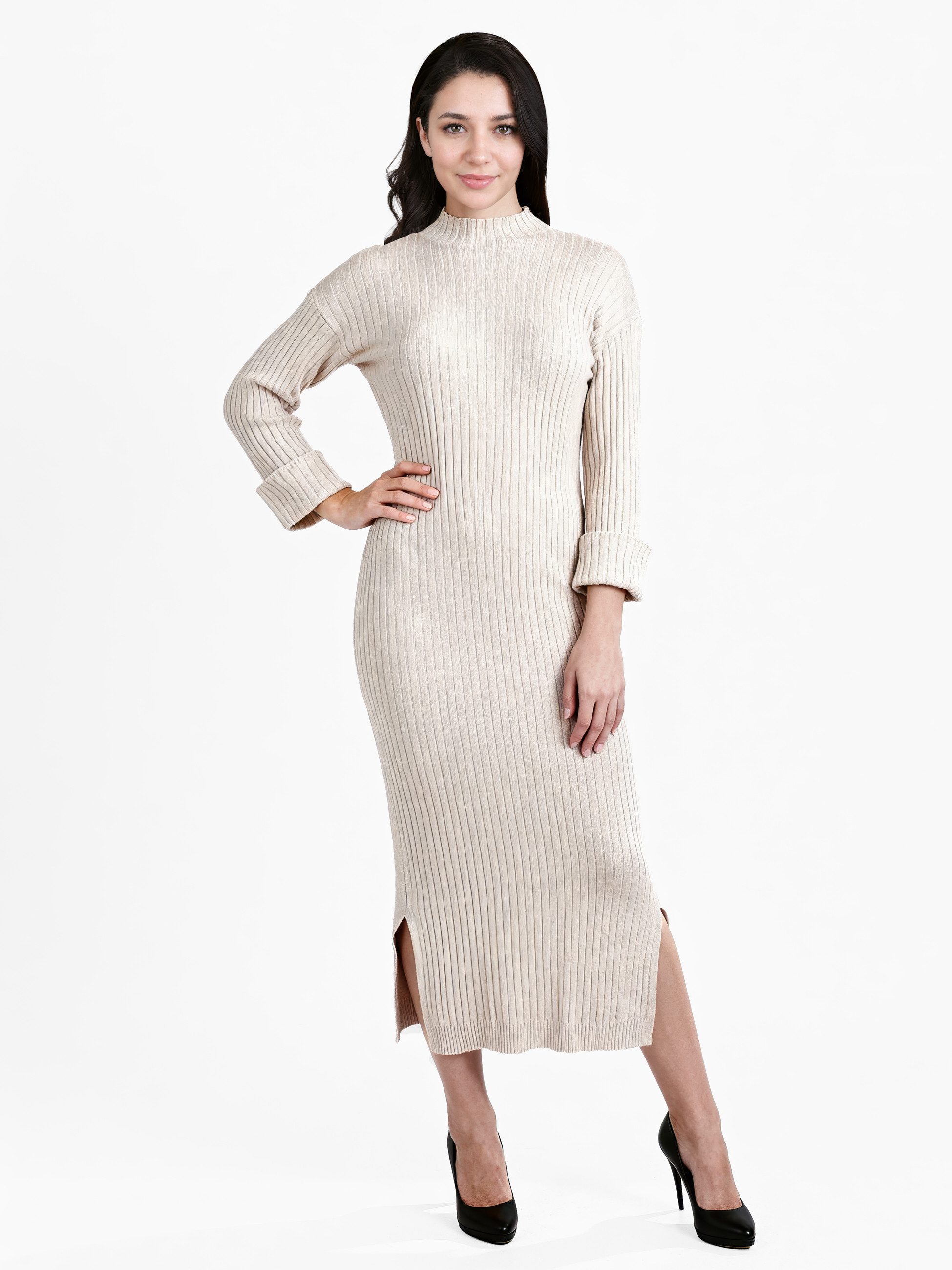 PEKIVESSA Strickkleid Maxikleid mit seitlichem Schlitz weicher Rippstrick figurbetonend geschnitten