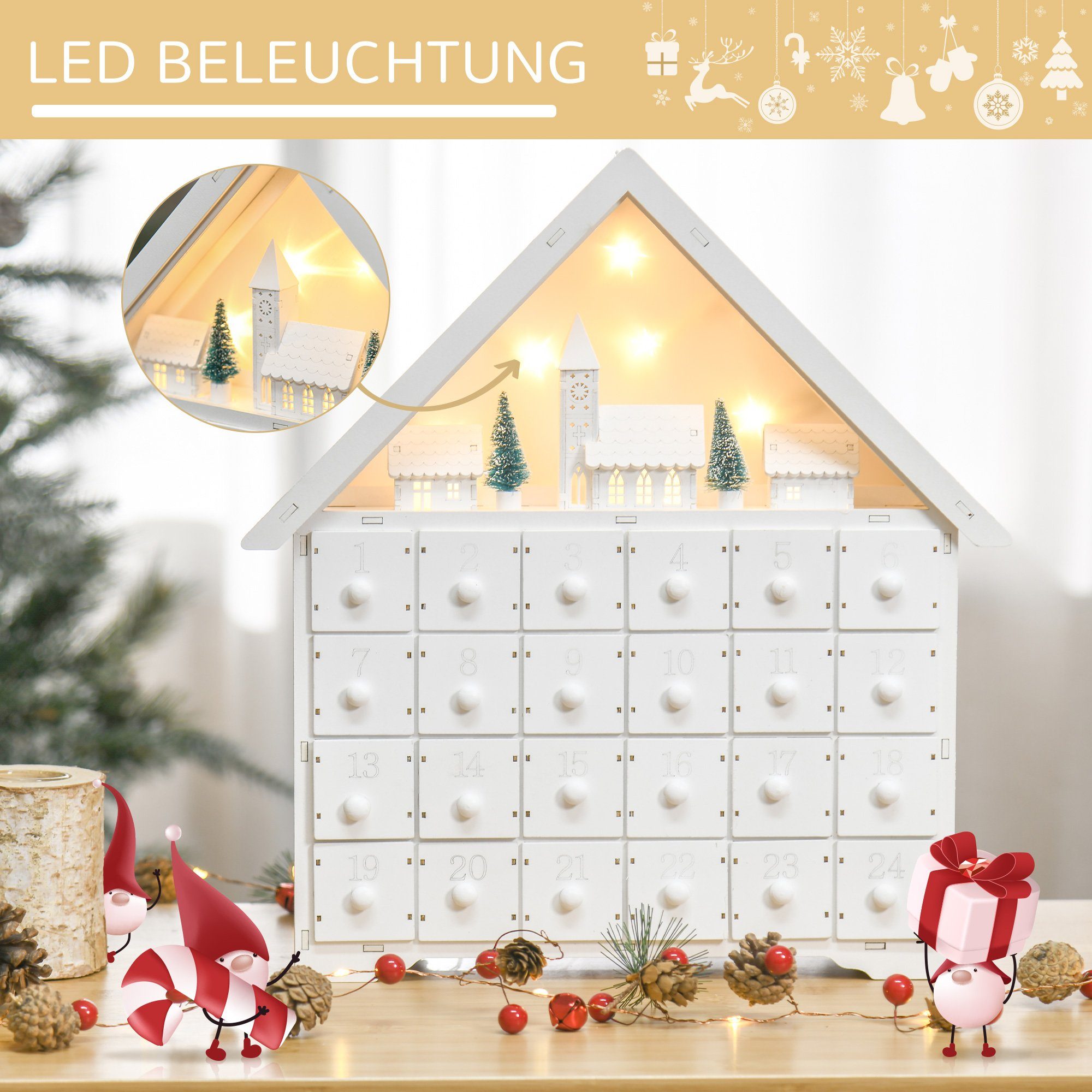 HOMCOM Weihnachtsdorf Adventskalender 24 Schubladen LED-Lichtern Weihnachtskalender, DIY Sperrholz-Platte Weiß 39 x 9 x 42 cm – Bild 4 von 5