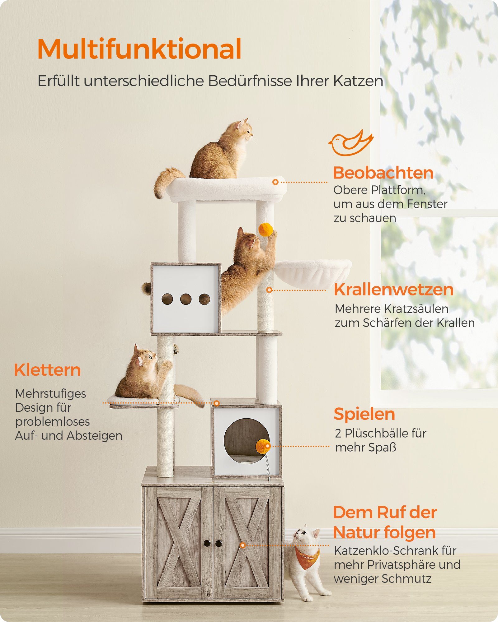 FEANDREA Kratzbaum Katzenbaum mit Katzenklo-Schrank, Kratzsäule, Plattform, waschbares Kissen, 178 /185 cm