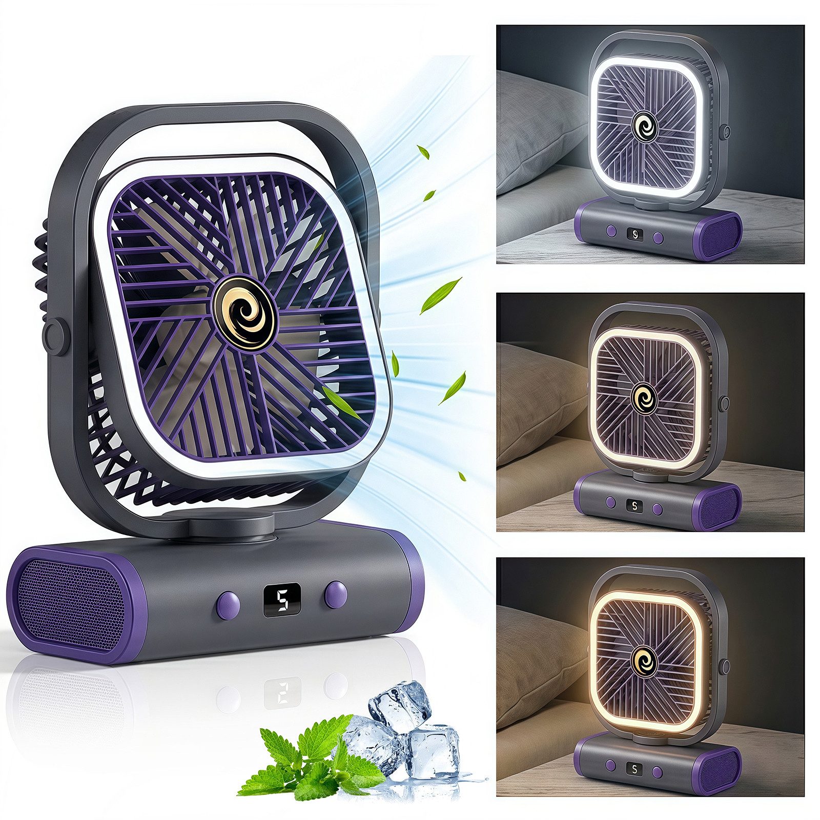 MOPUEA Akku-Ventilator Tischventilator Camping Ventilator mit Nachtlicht 5 Stufen Aufhängbar, Leise Kühlung Akkubetrieb Nachtlicht und Wandmontage