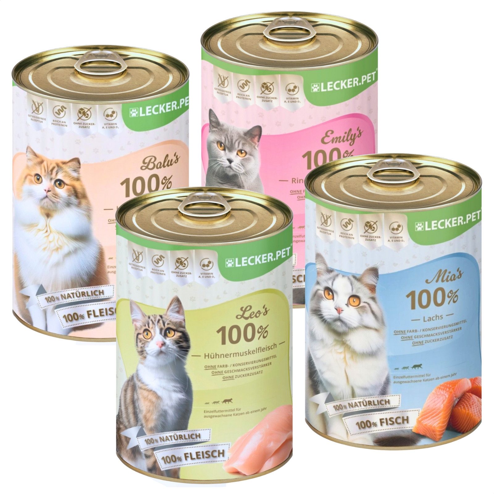 Lecker.Pet 24x400g Lecker.Pet® Balu's, Emily's, Leo's, Mia's 100% Fisch & Fleisch Huhn, 24St.