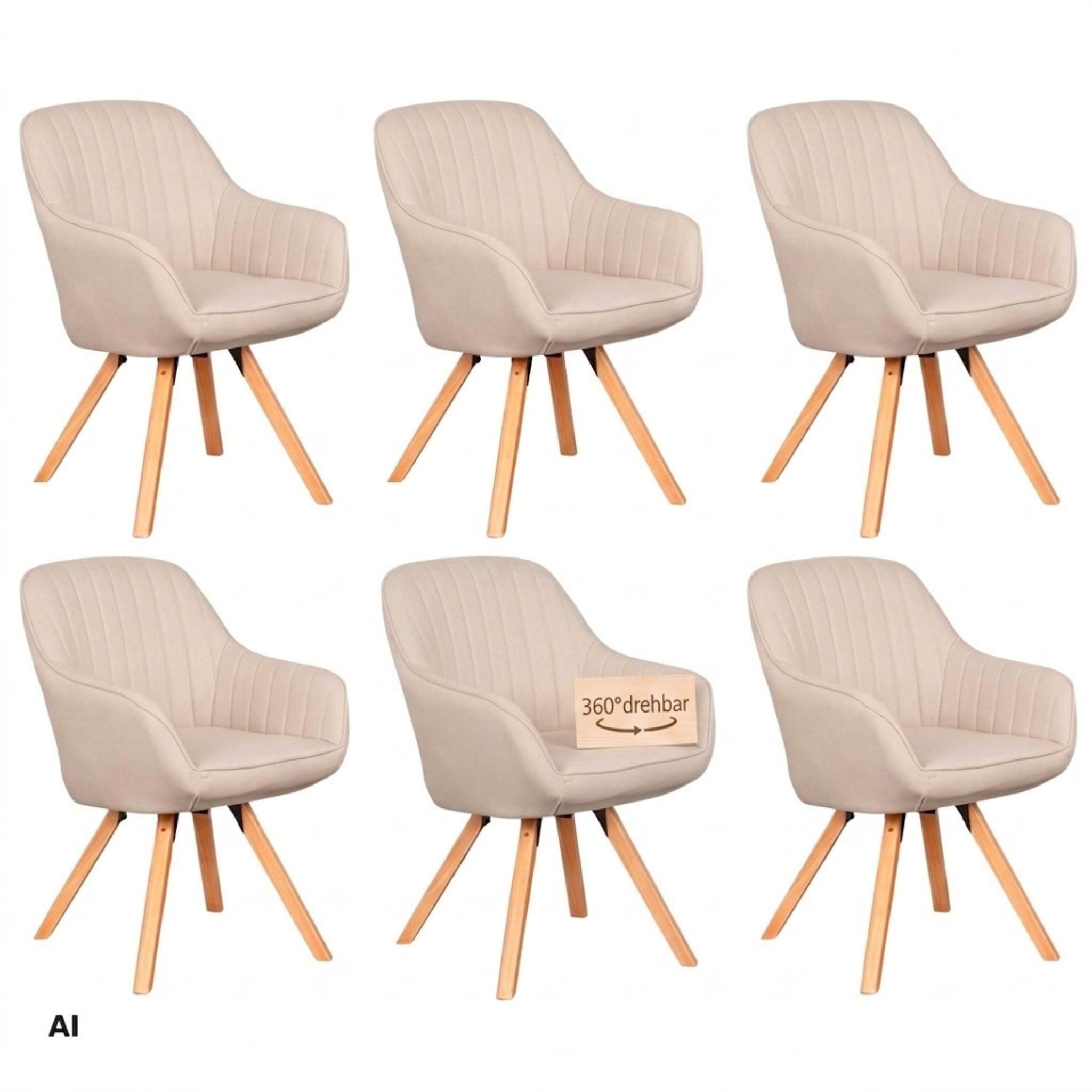 MR.DEKO Esszimmerstuhl 6er Set Matera beige drehbar mit Armlehnen FSC®-zertifiziert (einzelnd, oder als Set erhältich für Küche und Esszimmer, 6 St), 360° Drehfunktion, stabile FSC® 100% Holzbeine, weiche Polsterung