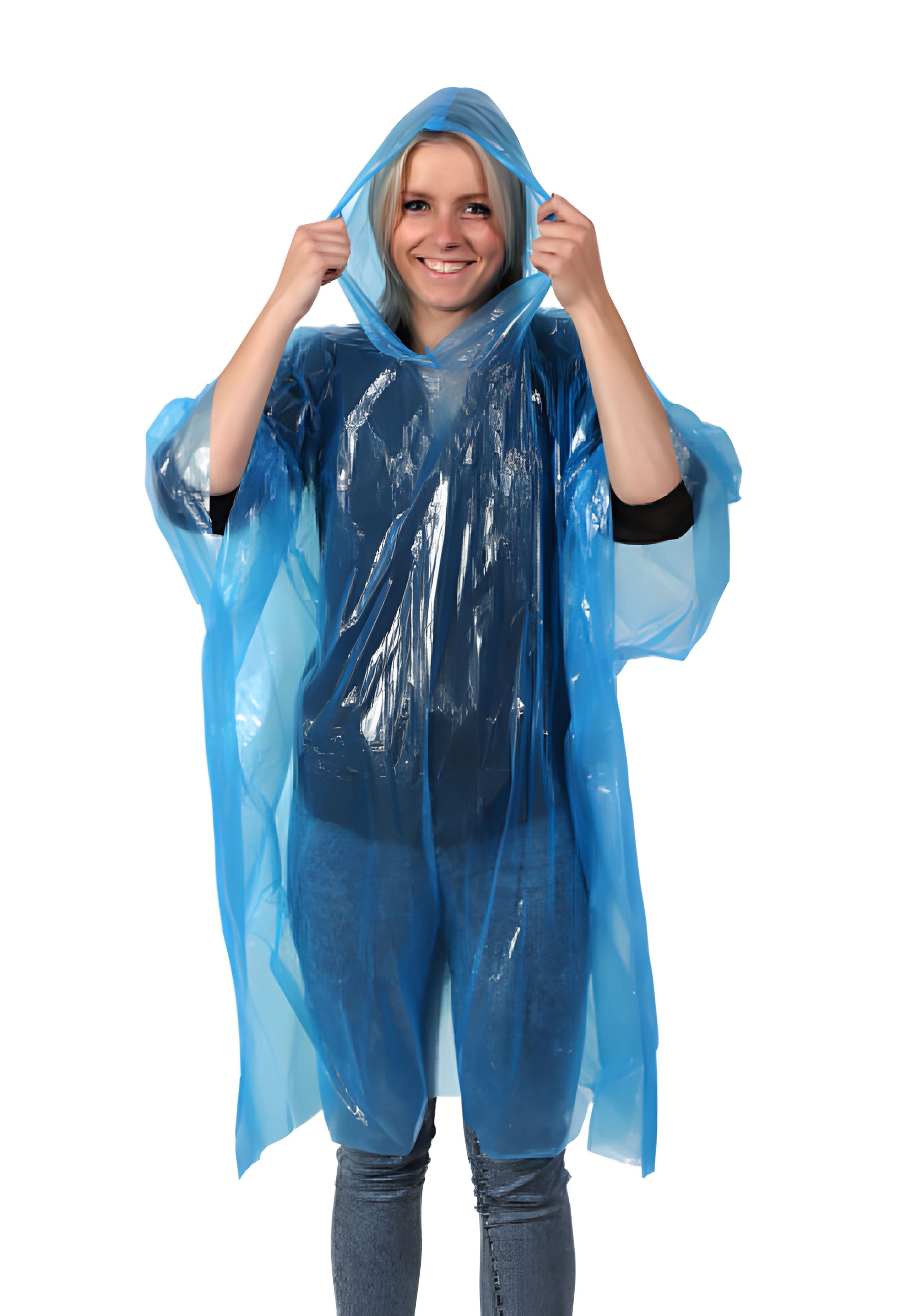 Lifetime Kapuze Universal-Größe Regenschutz Regenponcho den Unisex REGENPONCHO Poncho mit Regenjacke Regencape Notfall für 52 Blau-Transparent