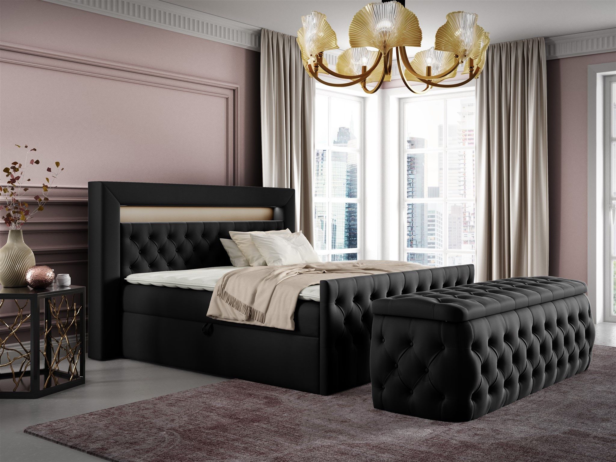 Fun Möbel Boxbett Schlafzimmerbett ERNESTO Nr.3 in Stoff Elisa Velvet (inkl. Topper, Auch mit Nachtkonsolen erhältlich), inkl. Polsterhocker, LED-Beleuchtung mit Fernbedienung