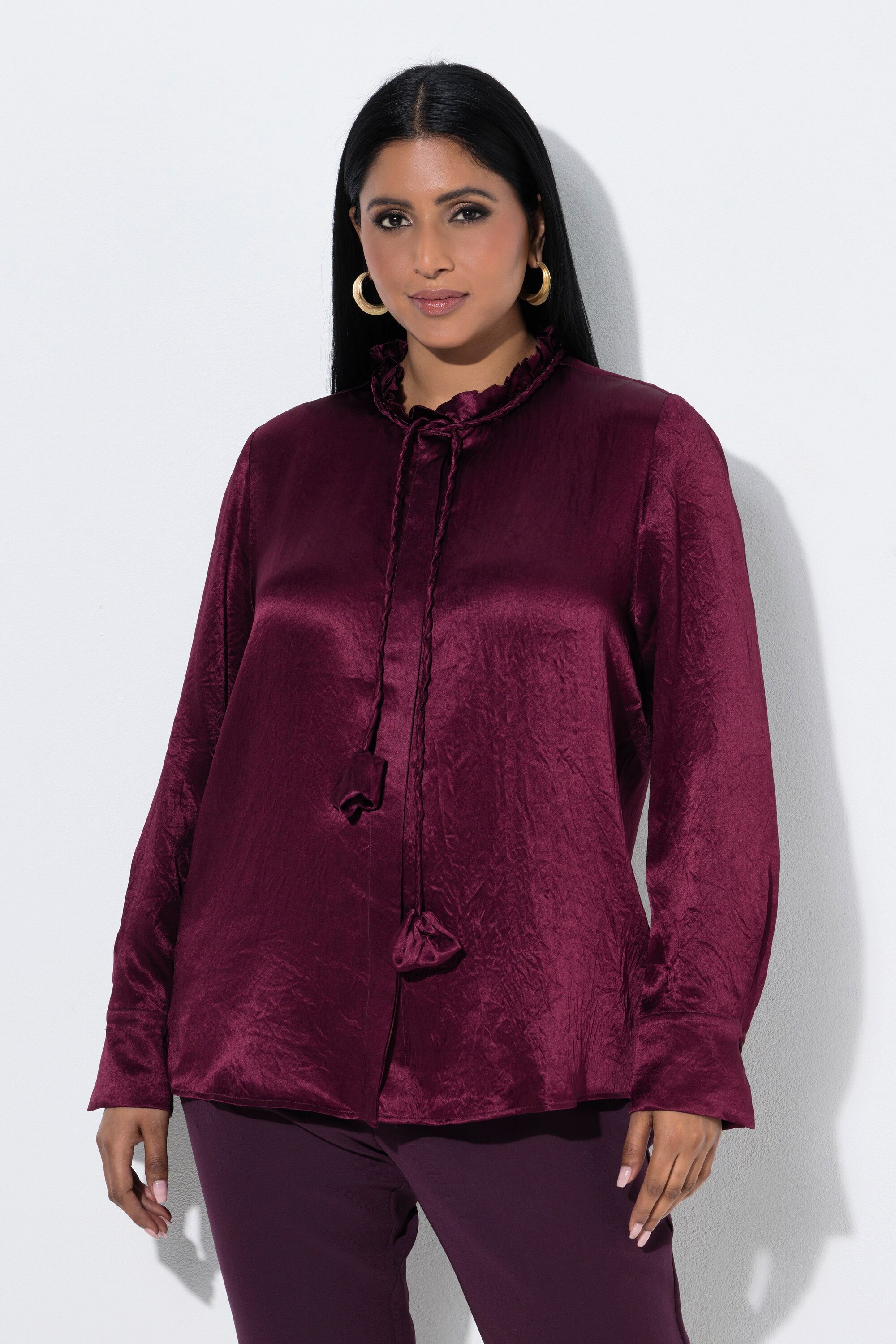 Ulla Popken Rüschenbluse Acetat-Bluse Rüschen Stehkragen Langarm