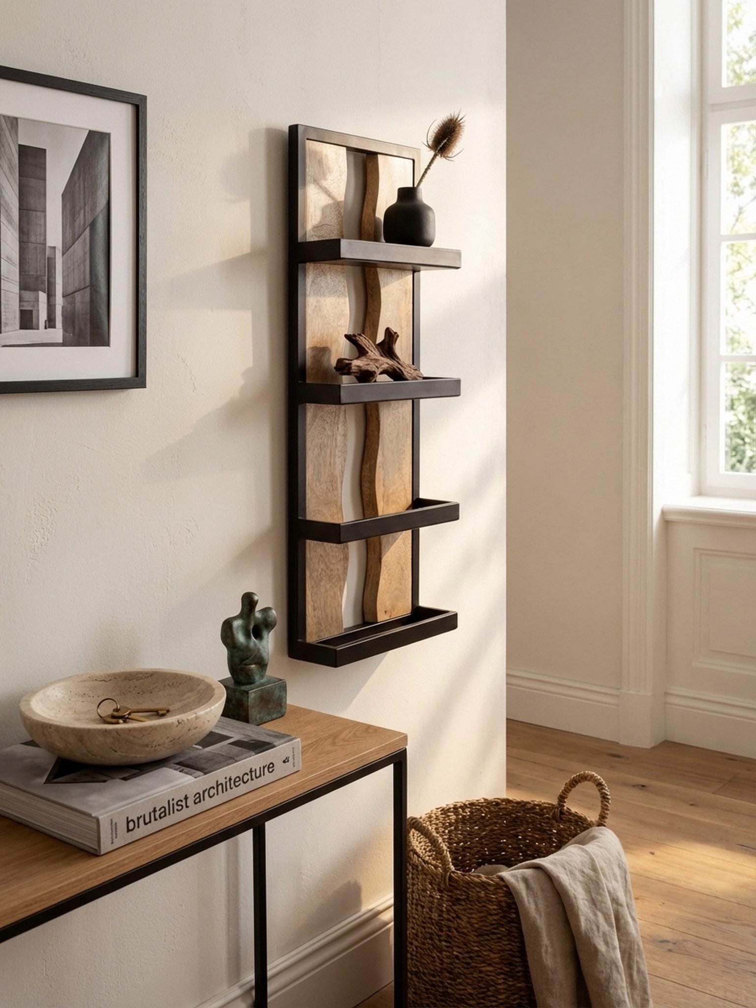 KADIMA DESIGN Wandregal Wandregal 30x80x10 cm Mango Massivholz / Metall Hängeregal, Holzregal Wand mit 4 Ablagen & Wellenmuster, Industrial, Design Schweberegal Rechteckig, Regal Hängend Wohnzimmer