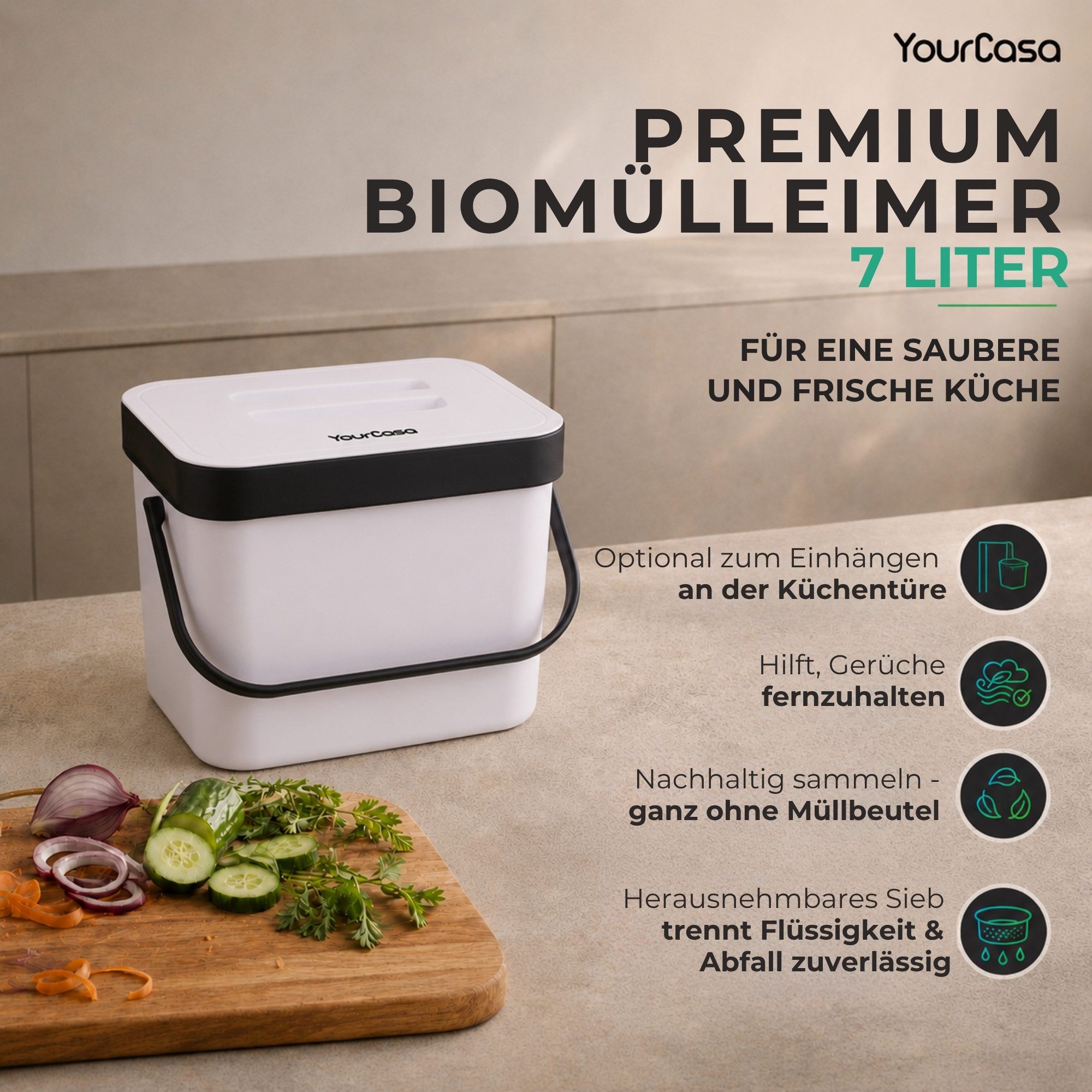YourCasa Biomülleimer Küche 7L mit Halterung, Sieb und Deckel, 7 Liter, Mit Halterung – Bild 3 von 5