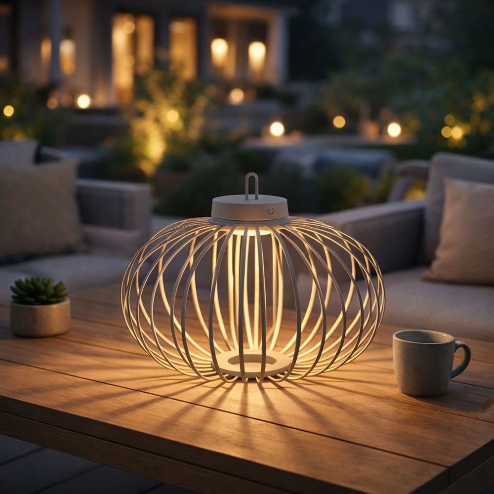 JUST LIGHT LED Außen-Tischleuchte, LED-Leuchtmittel fest verbaut, Warmweiß, Tischleuchte Pendellampe LED Akku Bambus greige USB Touchdimmer