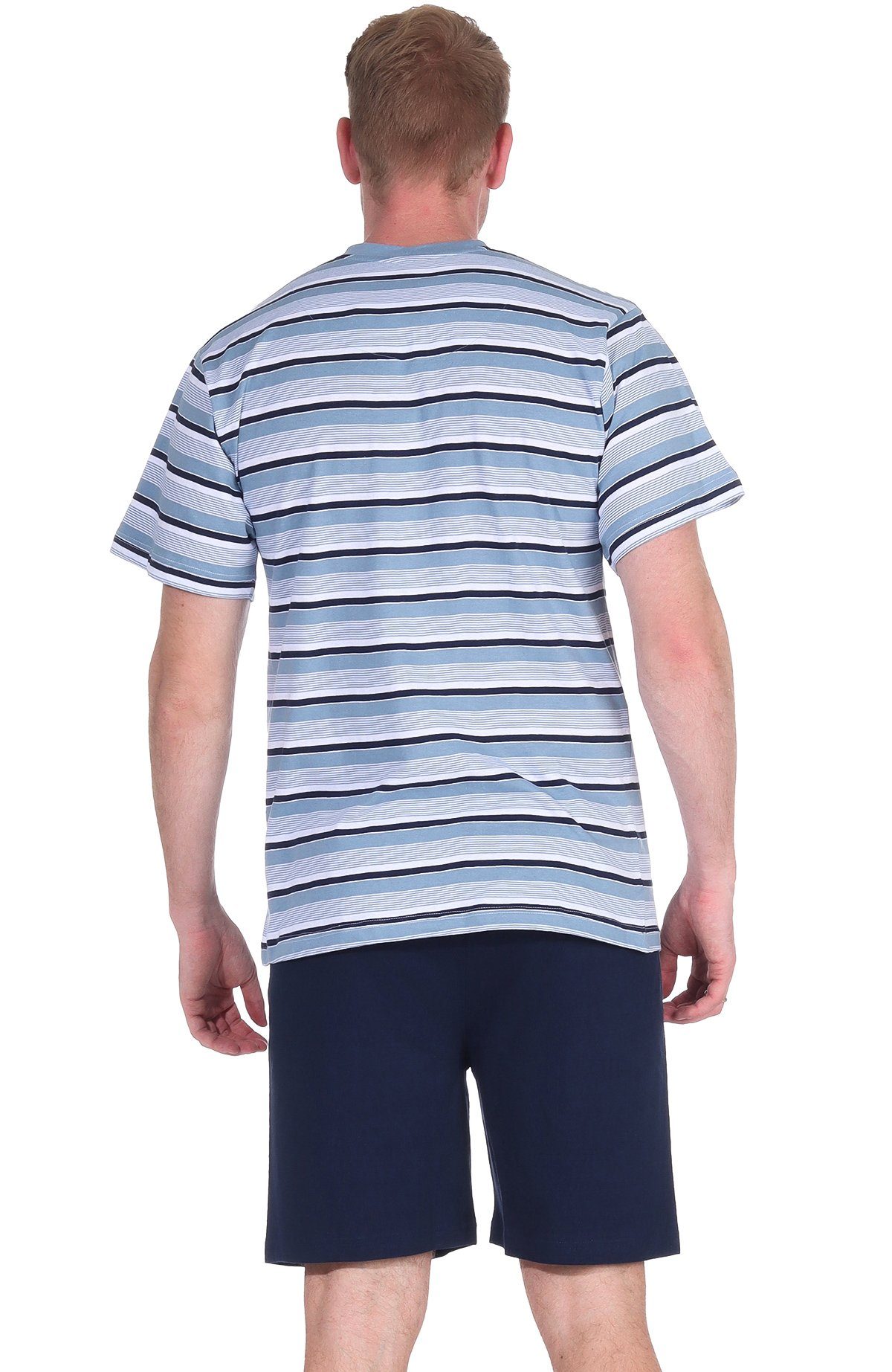 Moonline Shorty Herren Shorty V-Ausschnitt 100% Single-Jersey Kurzarm Blau mit Schlafanzug Baumwolle
