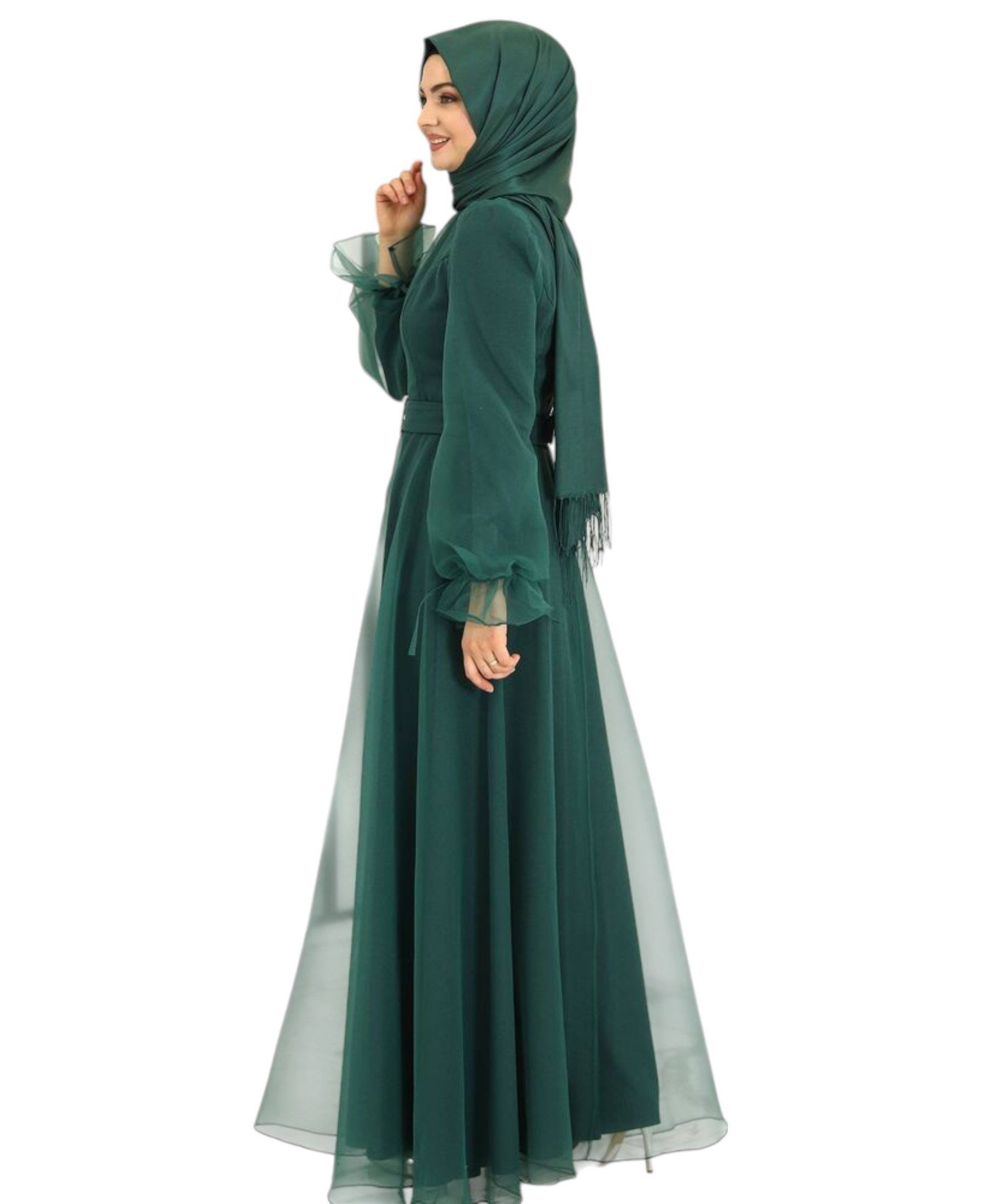 Modavitrini Abendkleid Damen Tüll Maxikleid Langarm – Festkleid mit Gürtel Modest Fashion Gürtel mit Schmucksteinen