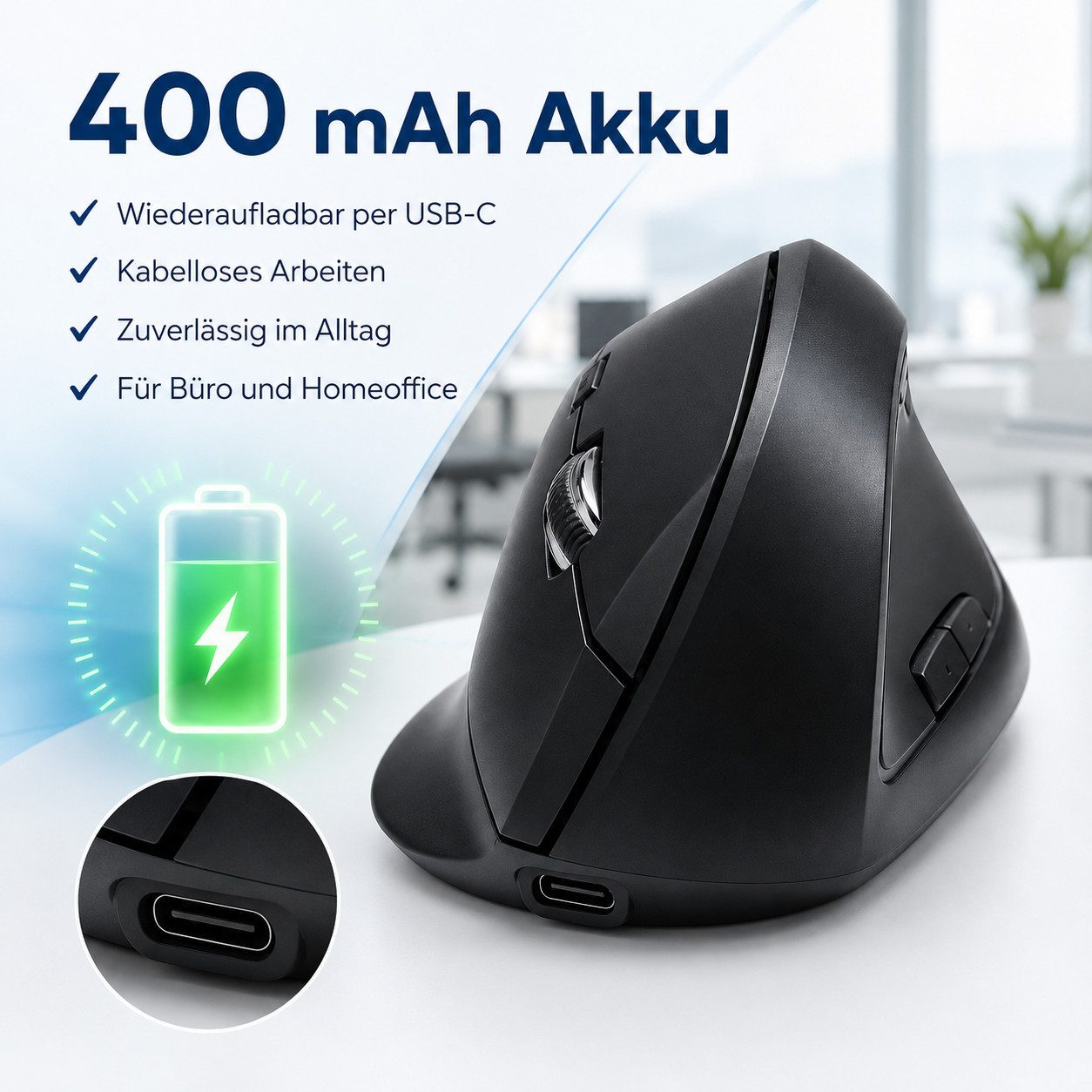 OYLCDI Ergonomische Vertikale Kabellose Maus, Vertikalmaus,Funkmäuse Mäuse (wiederaufladbarer USB-C, Bluetooth & 2,4G Dual-Verbindung, 3 DPI-Stufen 800/1200/160 – Bild 5 von 5