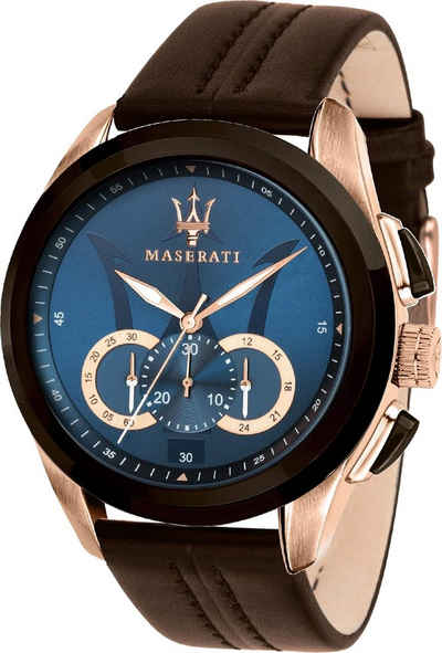 MASERATI Chronograph »Maserati Leder Armband-Uhr«, (Chronograph), Herrenuhr mit Lederarmband, rundes Gehäuse, groß (ca. 55x45mm), Fashion-Style