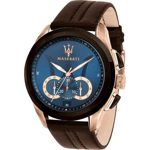 MASERATI Chronograph Maserati Leder Armband-Uhr, Herrenuhr Lederarmband, rundes Gehäuse, groß (ca. 55x45mm) blau