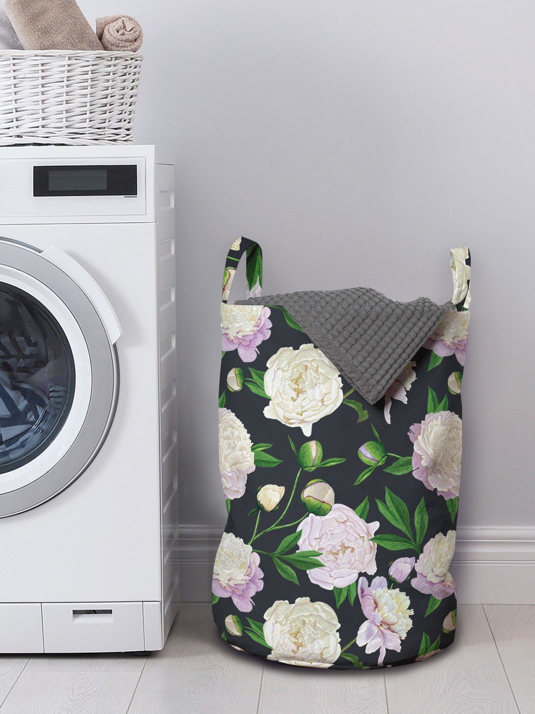 Wäschekorb für Pfingstrosen Waschsalons, Wäschesäckchen mit Kordelzugverschluss Griffen Abakuhaus Weinlese-Frühlings-Blüten
