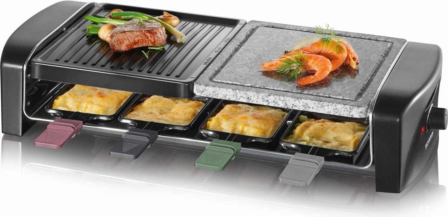 Severin Raclette RG 9645, 8 Raclettepfännchen, 1400 W, Naturgrillstein,  Gussplatte, Thermostat, Antihaftbeschichtung