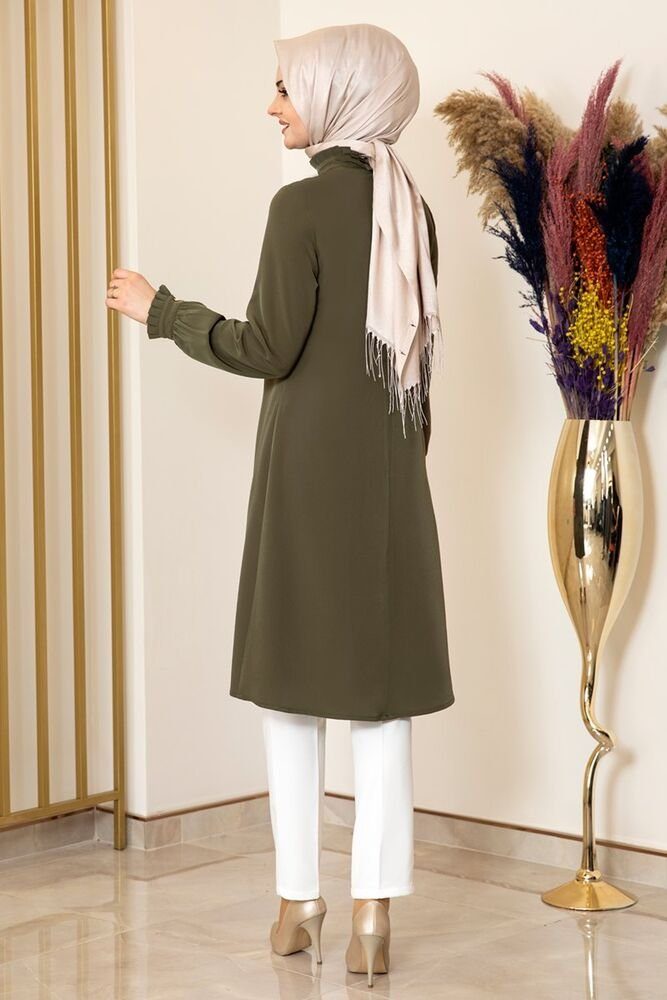 Damen mit Hijab Longtunika lange Modavitrini Tunika Fashion Tunika gerippte Tunika Modest Kragen Khaki