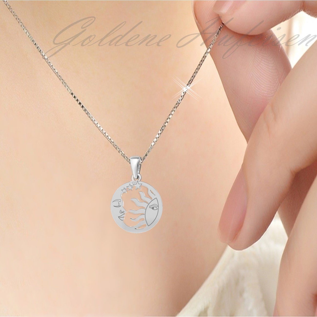 Goldene Hufeisen Kette mit Anhänger Sonne Mond Sterne Anhänger mit 38cm Kette 925 Sterling (Anhänger mit Kette, inkl. Etui), Halskette Set Schmuckset