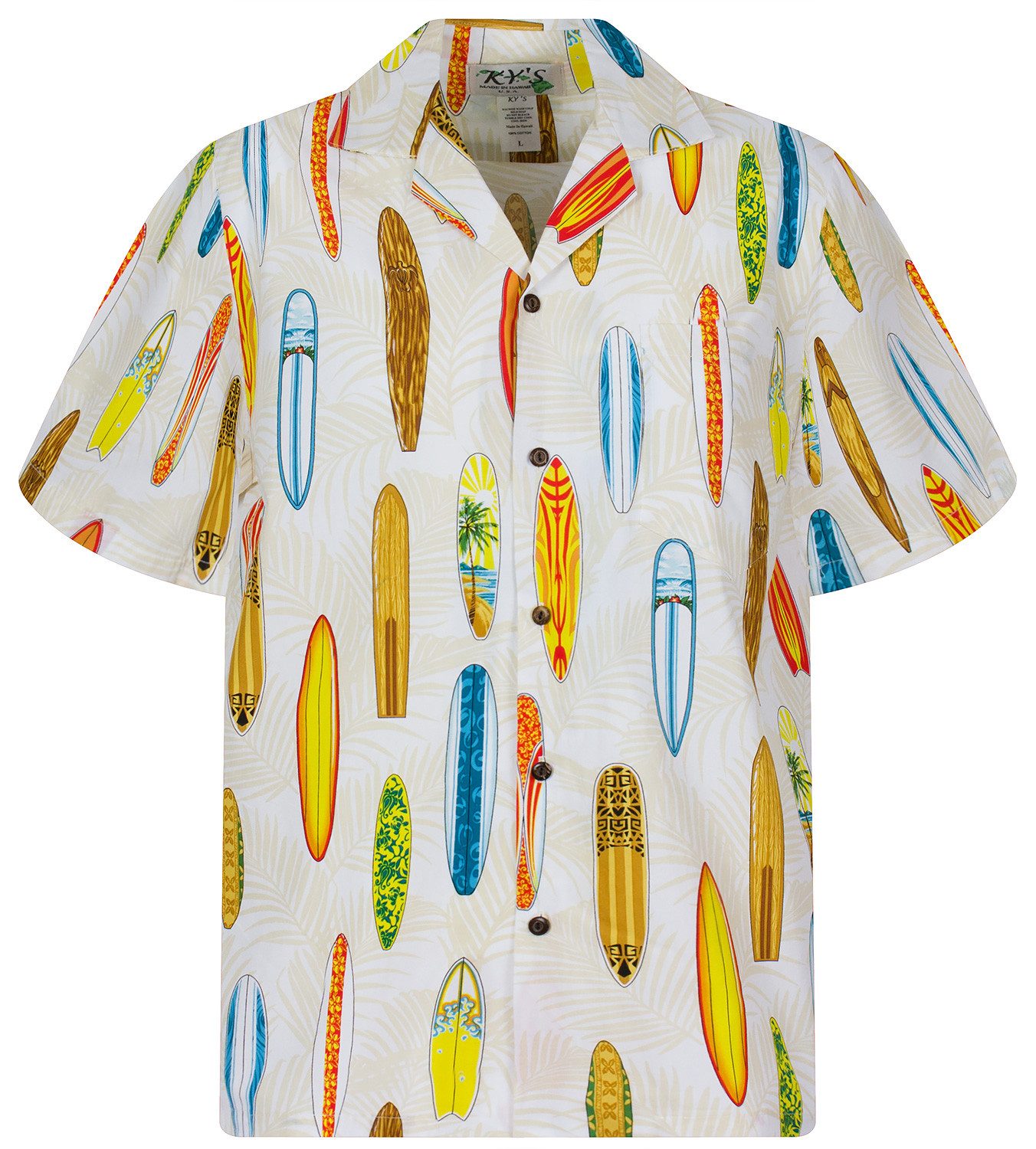 KY's Hawaiihemd Surfbretter Allover Original Hawaiihemd mit 100% Kokosnuss-Knöpfen