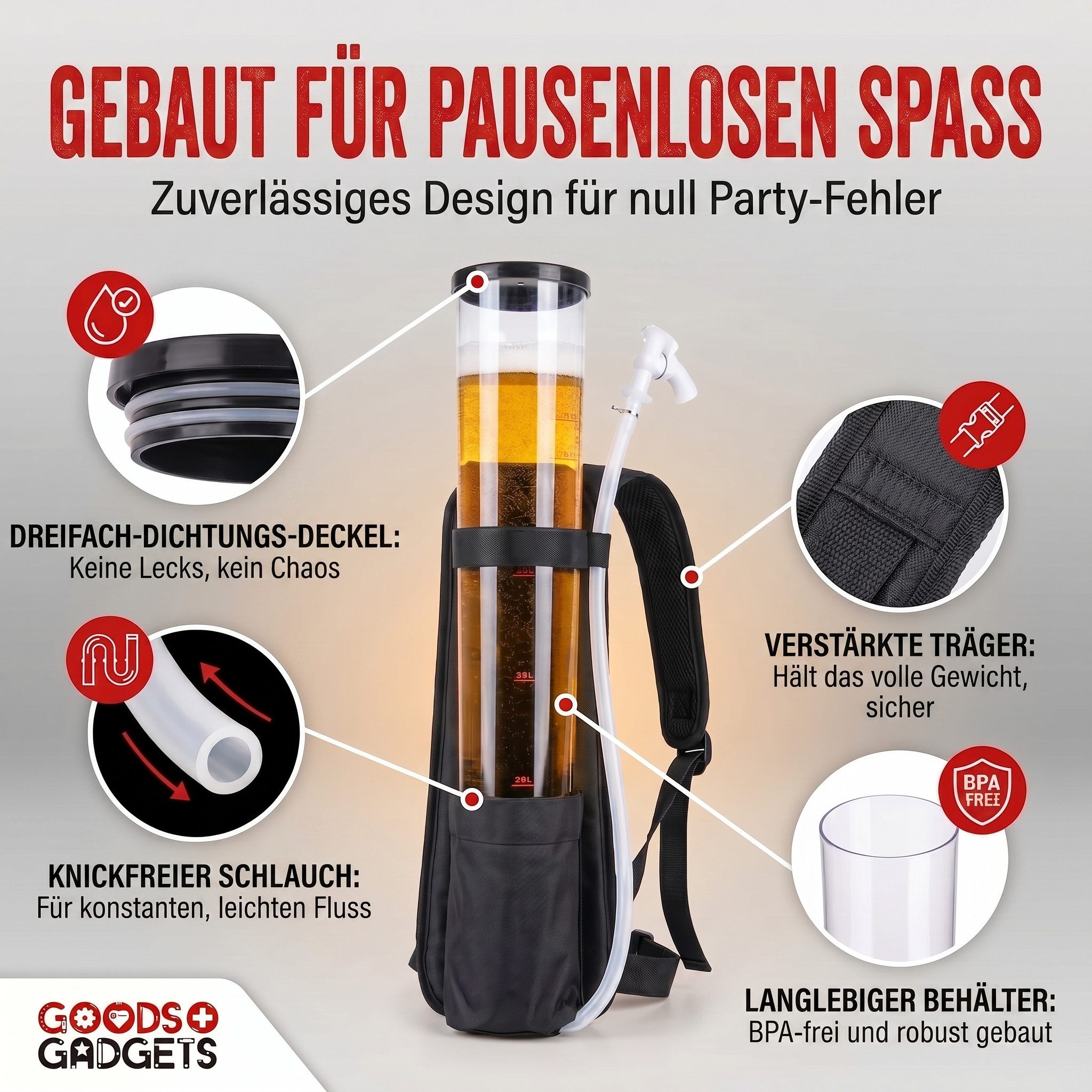 Goods+Gadgets Getränkespender GOODS+GADGETS 3L Bier Spender – Party Getränke Rucksack mit Zapfhahn, Getränkerucksack 1 x 3 Liter