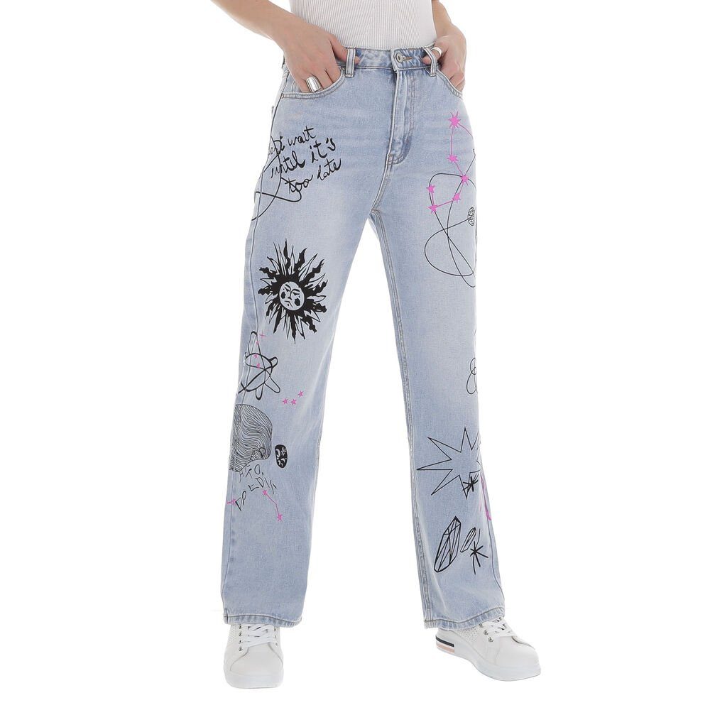 Ital-Design Gerade Jeans Damen Freizeit Used-Look Print Relaxed Fit Jeans in Hellblau