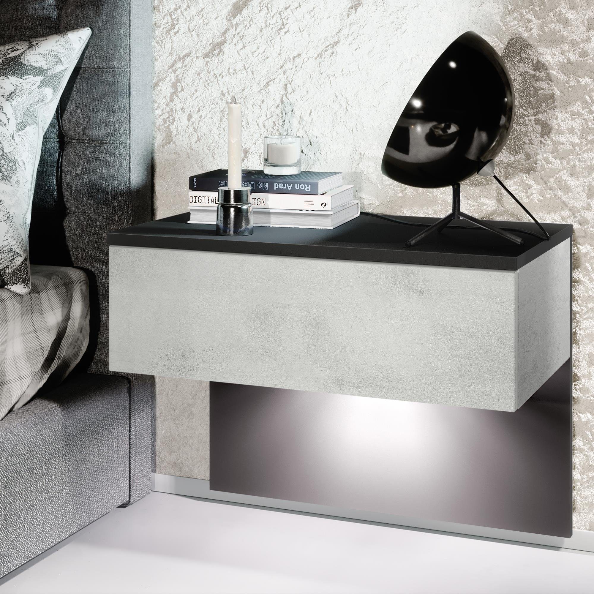 Vladon Nachttisch Sleep (Nachttischschrank, mit Schublade zur Wandmontage), Schwarz matt/Beton Oxid Optik (60 x 46 x 35 cm)