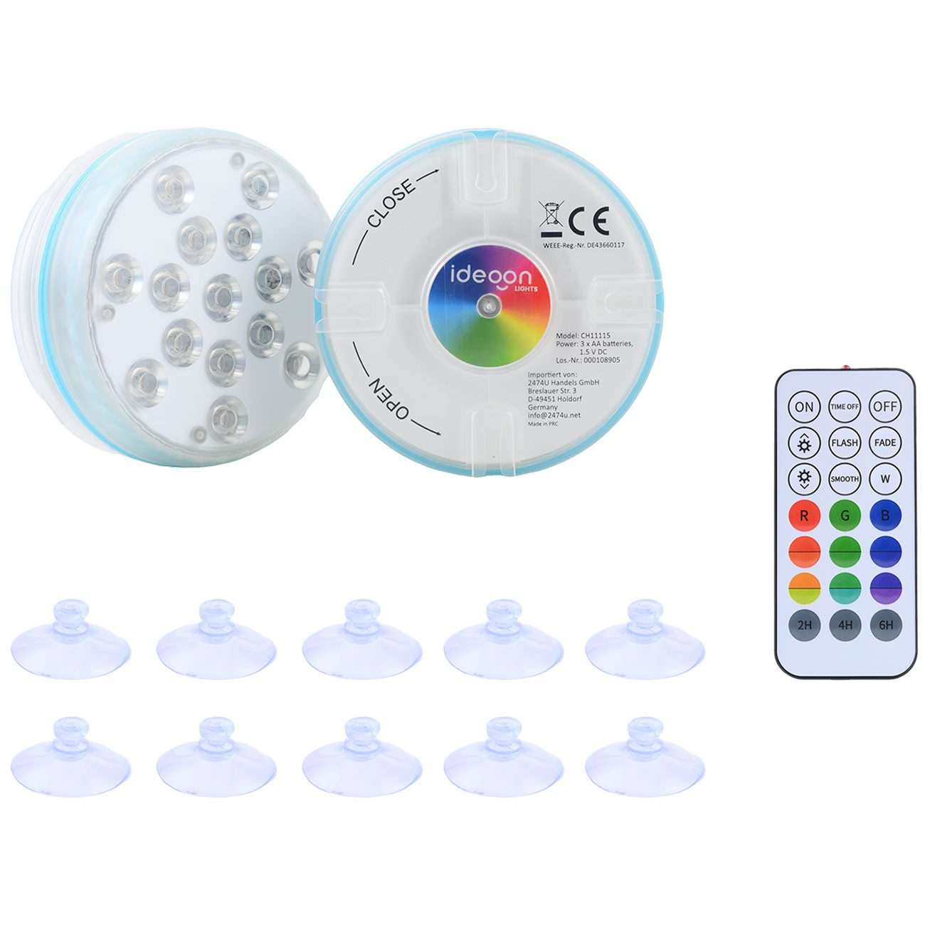shop'n smile ideoon Pool-Lampe Multicolor LED Unterwasserleuchte Poolbeleuchtung Saugnäpfe Timer IP68, LEDs, 15 LEDs je Leuchte, wasserdicht, dimmbar & per Fernbedienung steuerbar