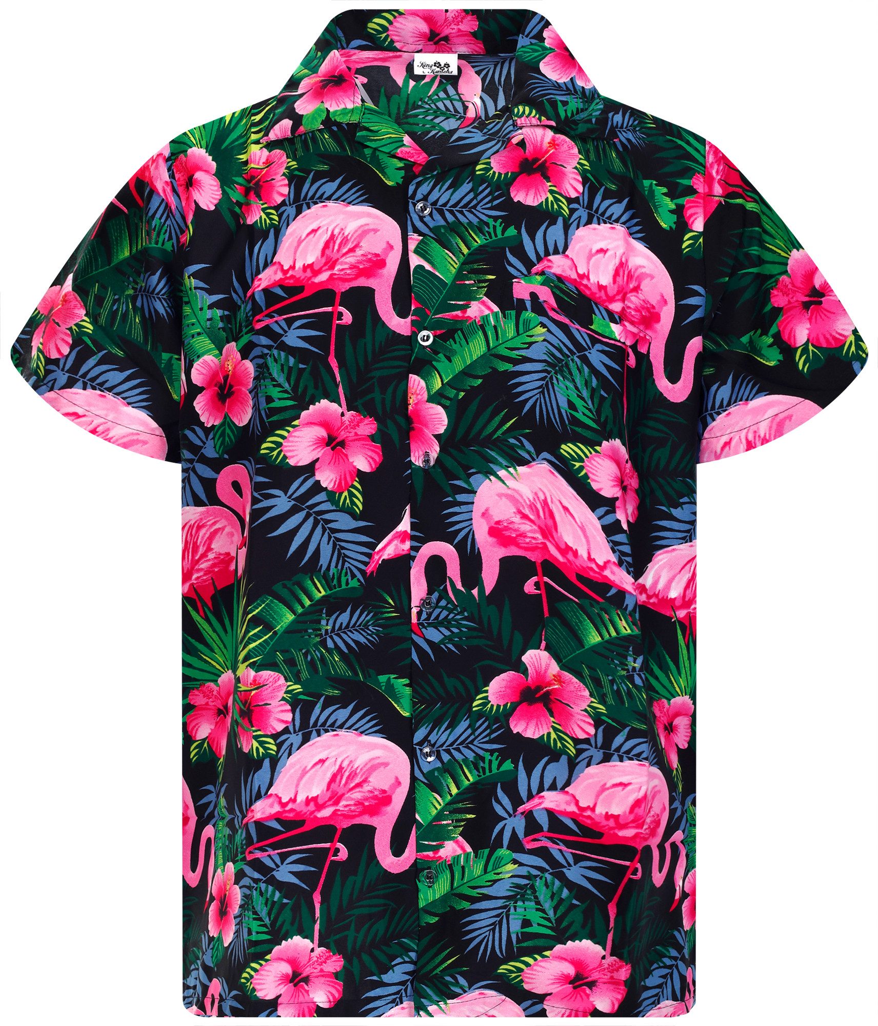 King Kameha Hawaiihemd Flamingo Flowers Funky Hawaii-Hemd Herren Kurzarm Front-Tasche Unisex