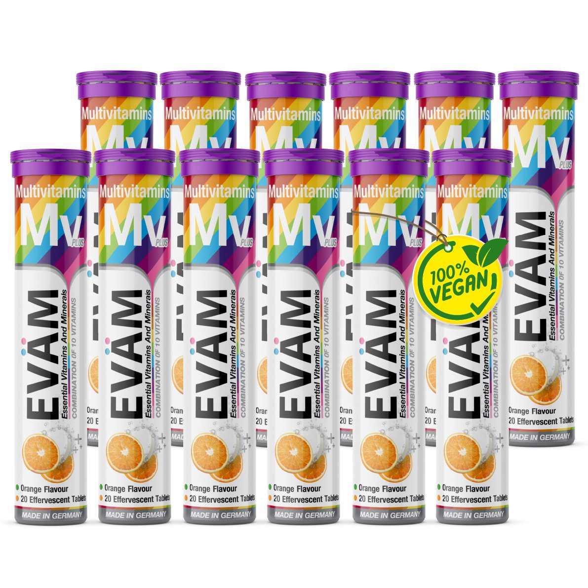 EVÄM EVÄM Multivitamin Brausetabletten Geschmack Orange mit 10 Vitaminen Brausetabletten, Set aus Röhrchen à 20,00 St., 984 g 48000 ml, Inhalt in ml ist die Gesamtmenge aufgelöst nach Dosierungsempfehlung