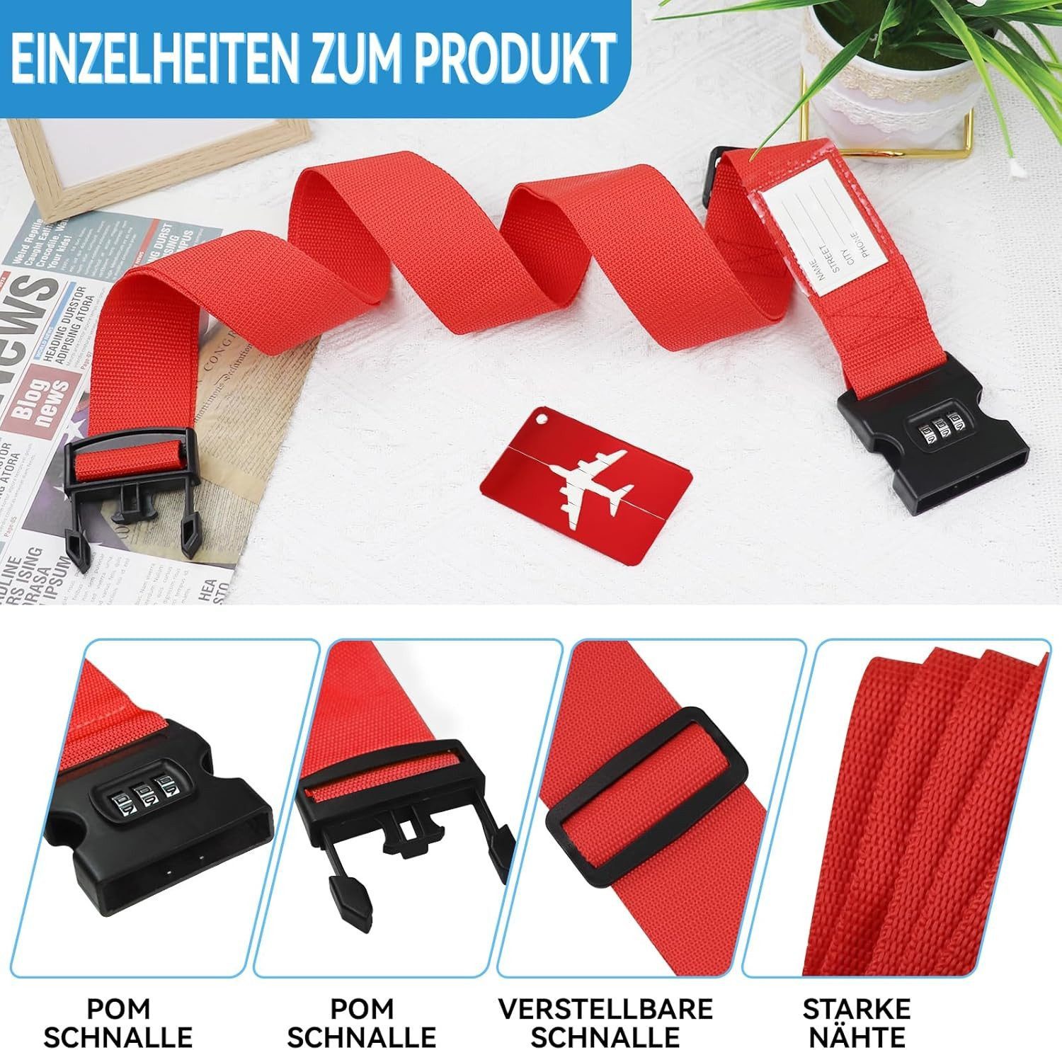 FELIXLEO Klettergurt Passwort Koffergurt Schloss + Gepäckanhänger Schwarz, (24-tlg)