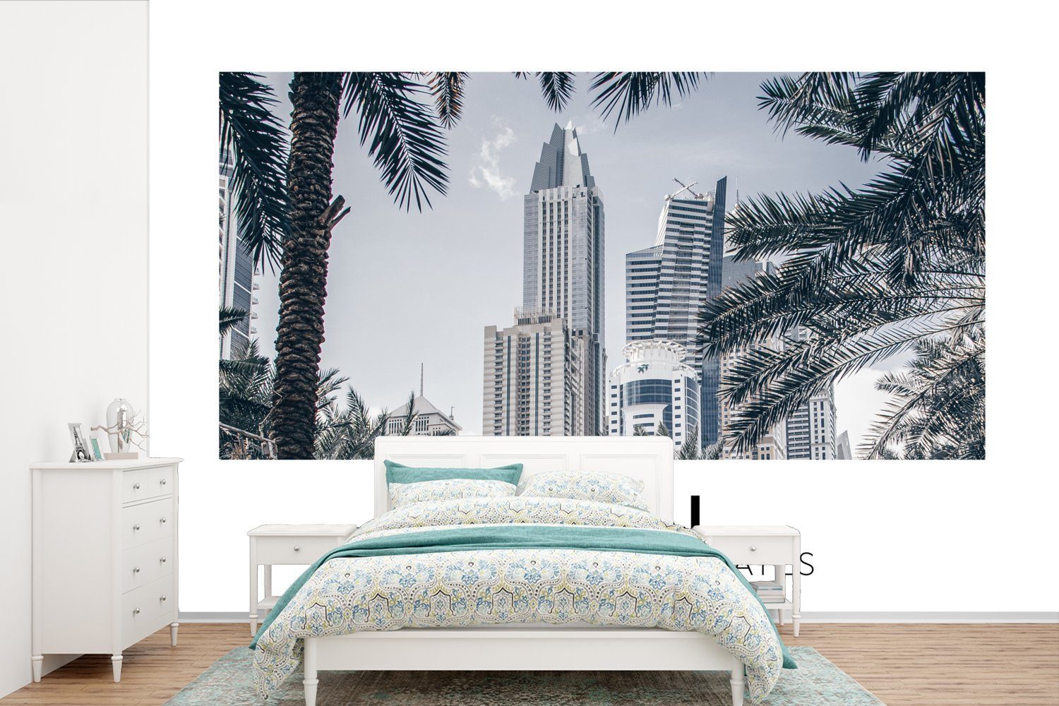 MuchoWow Fototapete Dubai - Architektur - Palmen, Matt, bedruckt, (6 St), Wallpaper für Wohnzimmer, Schlafzimmer, Kinderzimmer, Vinyl Tapete | Fototapeten
