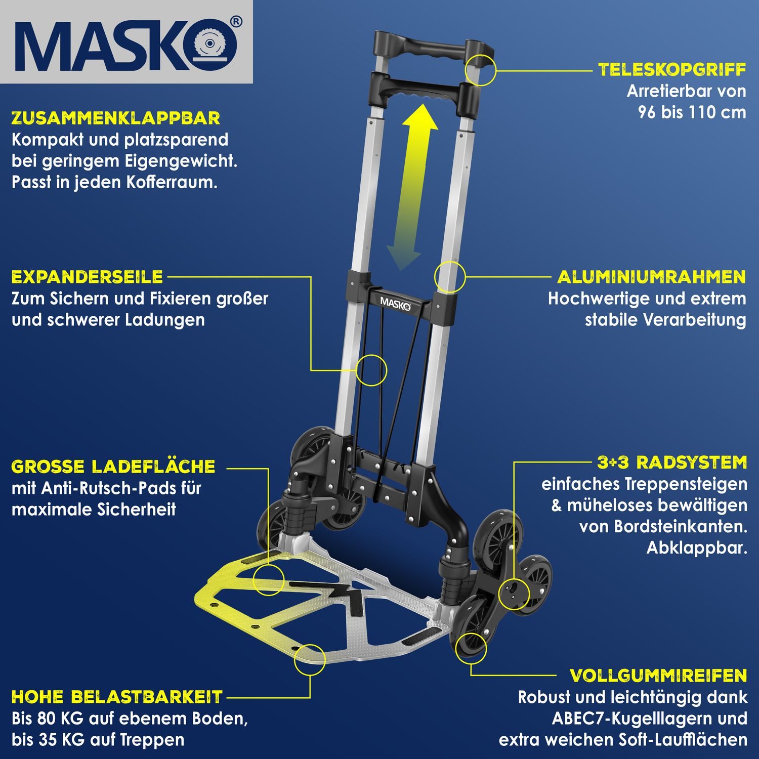 Thumbnail - MASKO Sackkarre, Stufen-Sackkarre Treppenkarre Klappbar 80 kg Tragkraft 3x3