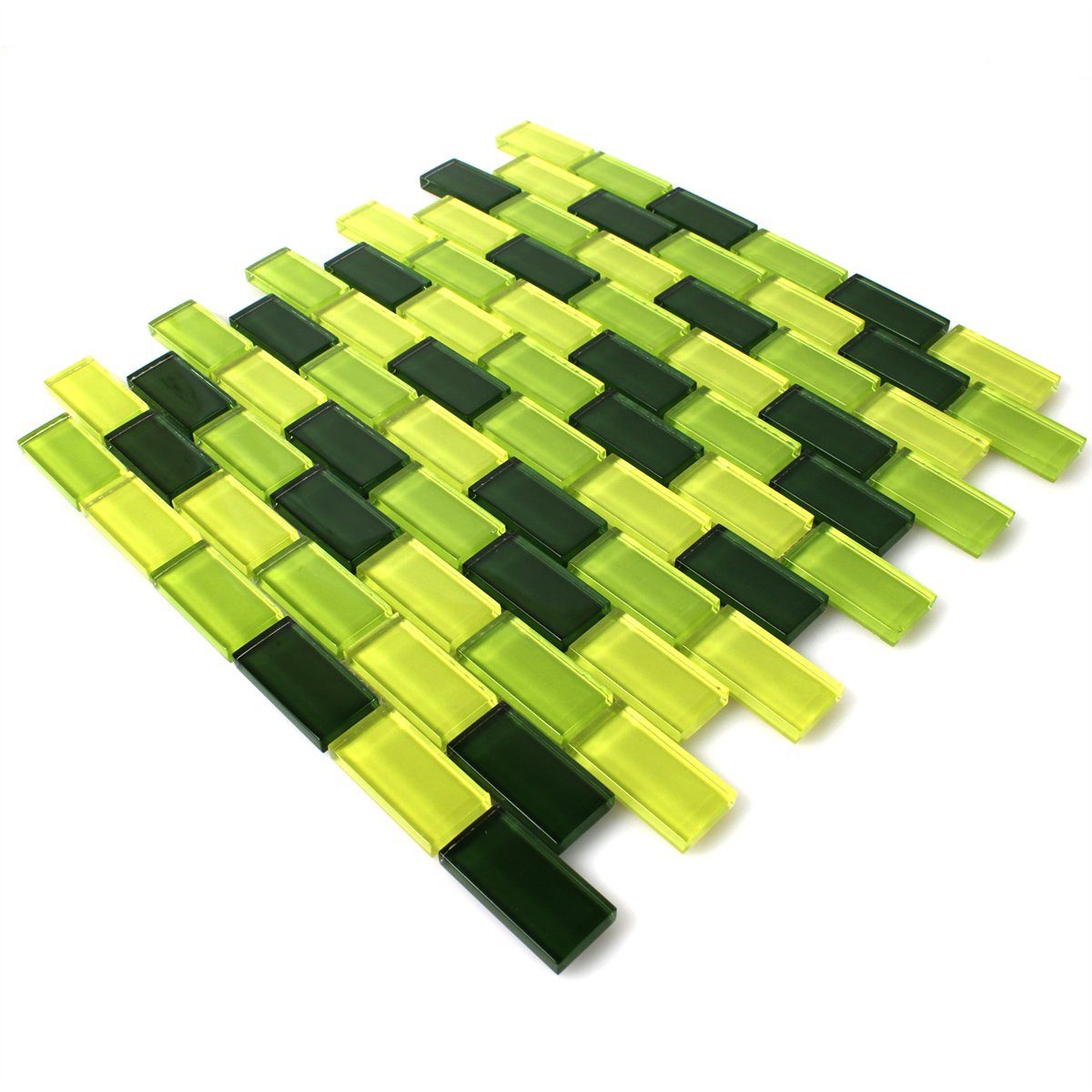 Mosafil Mosaikfliesen Glasmosaik Fliesen 23x48x8mm Madagascar, Glas 32.200x31.000, grün-dunkelgrün, Verlegefertig auf ein Netz geklebt - Wasserfest