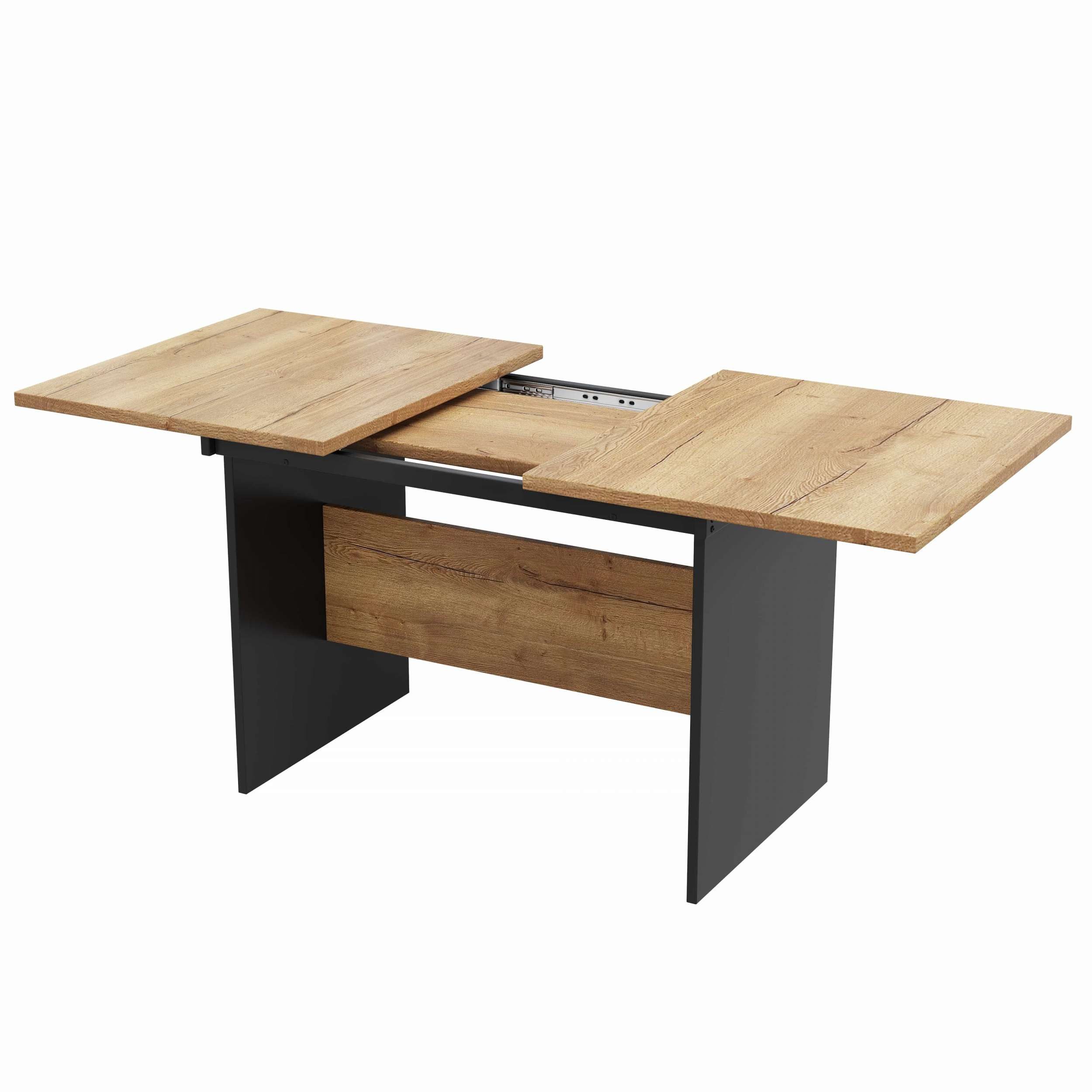 BBWL Esstisch Erweiterbarer Esstisch 140 bis 180 x 80cm mit natürlicher Holzmaserung (rechteckiger minimalistischer Tisch aus robustem MDF bis 60 kg belastbar ideal für 4 bis 6 Personen modernes Design mit mattschwarzen Seitenwänden vielseitig und platzsparend für Esszimmer und Wohnräume)