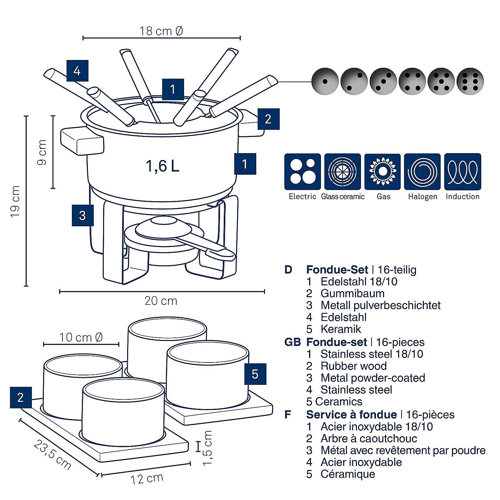 kela Fondue Gunten, 16tlg. Topf Edelstahl Induktion inkl Schälchen, 2 Tablets & Gabeln