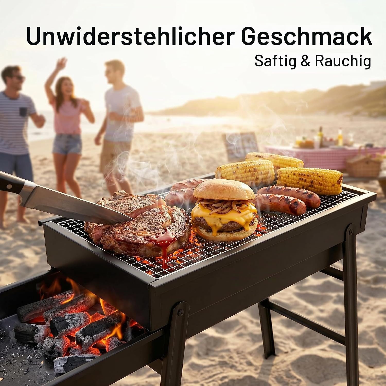 BlingBin Holzkohlegrill Faltbare Mini-Holzkohle-Einheit aus rostfreiem Stahl, 1er Set, 60 × 22 × 32 cm, leicht platzsparend für Camping, Garten, Picknick und Reise