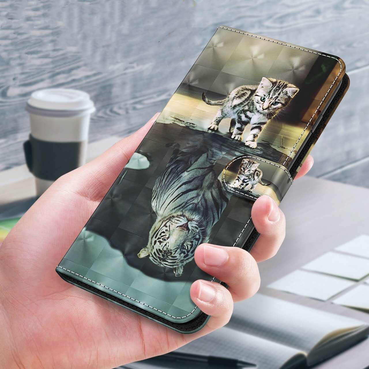 CLM-Tech Handytasche Hülle für Samsung Handyhülle Etui), Galaxy Case Wallet Kartenfächer, Cover (Katze Flip S23 Klapphülle aus Kunstleder Tiger, Standfunktion, Magnetverschluss Plus Tasche