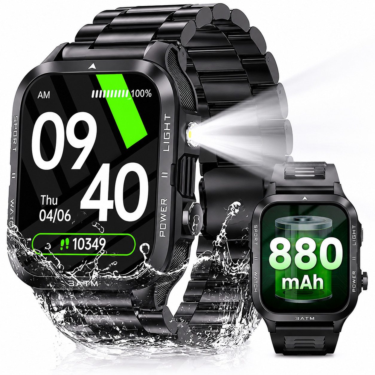 Toomoke Smartwatch Herren, Outdoor Watch, Fitnessuhr mit Telefonfunktion Smartwatch (4,98 cm), Sportuhr, Fitness Tracker, Aktivitätstracker für Outdoor und Training, Gorilla-Glas, 880-mAh-Akku und zwei wechselbare Armbänder