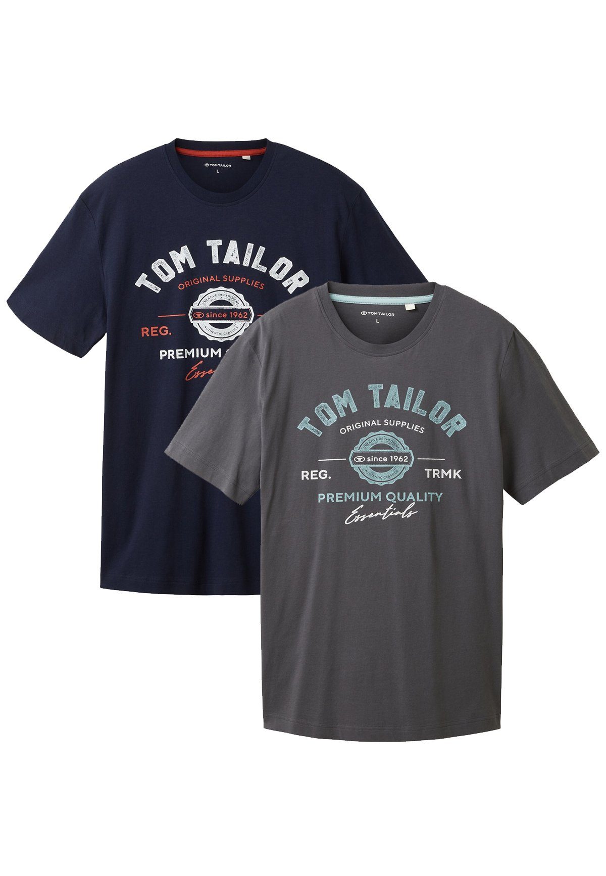 TOM TAILOR T-Shirt Logo T-Shirt 2-er Pack Kurzarm Set mit Logo Print (2-tlg) 6356 in Blau-Grau