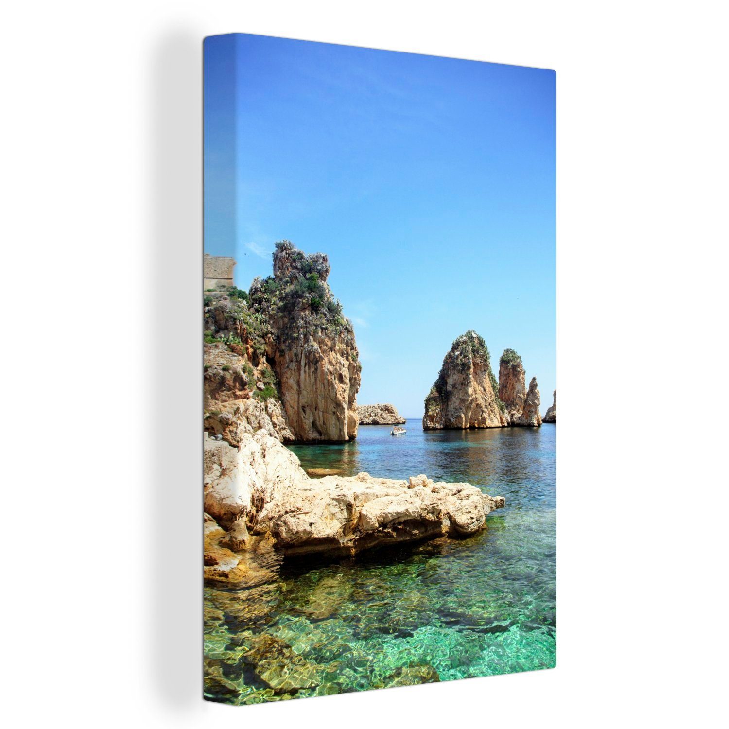 OneMillionCanvasses® Leinwandbild Ein Blick auf das Meer von Scopello Italien, (1 St), Leinwandbild fertig bespannt inkl. Zackenaufhänger, Gemälde, 20x30 cm
