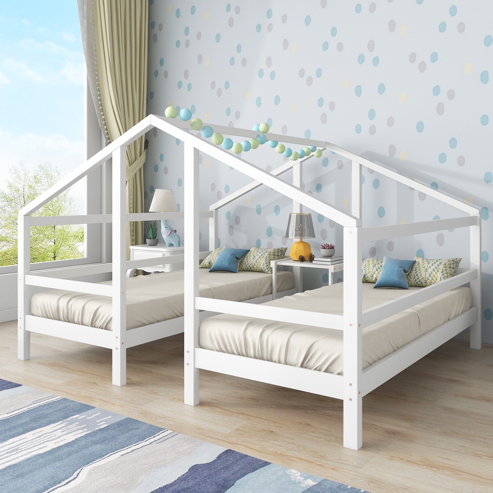 Kinderbett (Jugendbett Einzelbett), 90x200 cm Hausbett für 2 Kinder, mit Rausfallschutz und Lattenrost