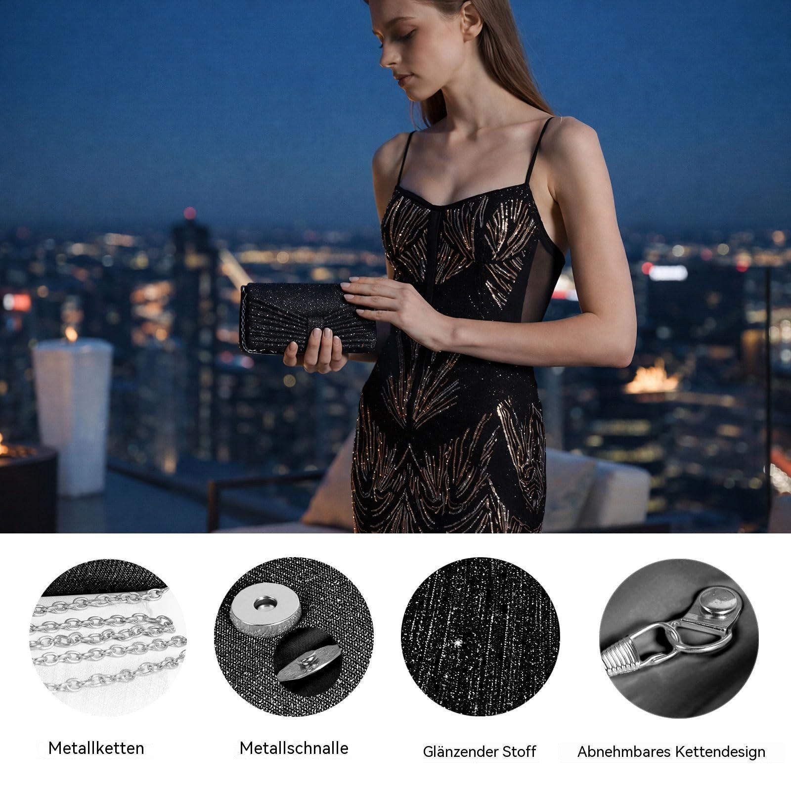 nsihing Abendtasche Damen-Abendtasche/Clutch/Hochzeitstasche/ Glitzernde Party-Handtasche, Mit abnehmbarer Kette
