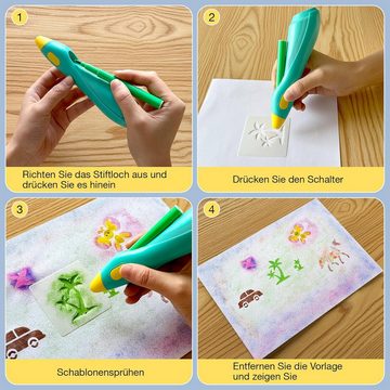 BlingBin Buntstift Elektrischer Farbsprühstift Farben sprühen für Kindermit, (1er Set, 12-tlg), Farben sprühen für Kindermit 12 Filzstiften & 30 Schablonen zum Malen