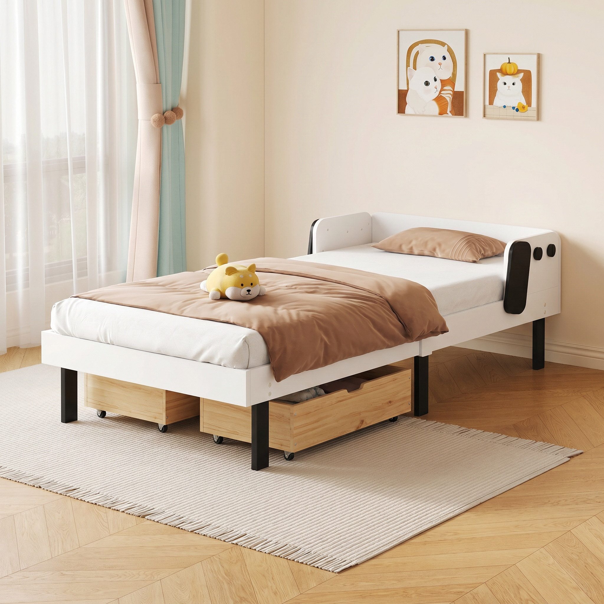 FUROKOY Kinderbett 90x200cm Einzelbett Holzbett mit Lattenrost (Massivholzbett Weiß), Welpen-Design,Sicherheitsdesign ohne scharfe Ecken,Ohne Matratze
