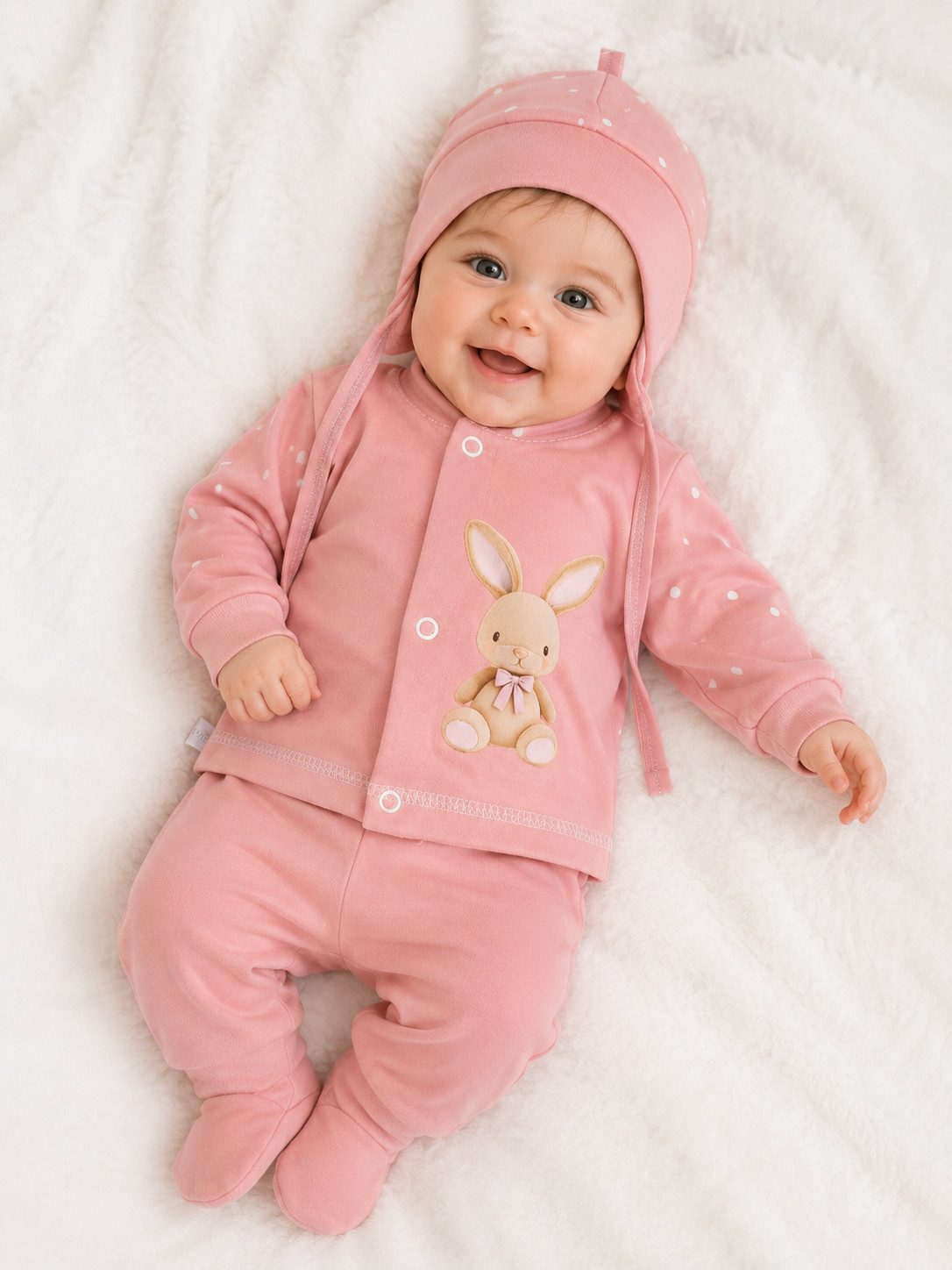 La Bortini Freizeitanzug Baby Anzug Hose Hemdchen Hose Mütze in Altrosa mit Hase, aus Baumwolle, 44 50 56 62 68, gepunktet
