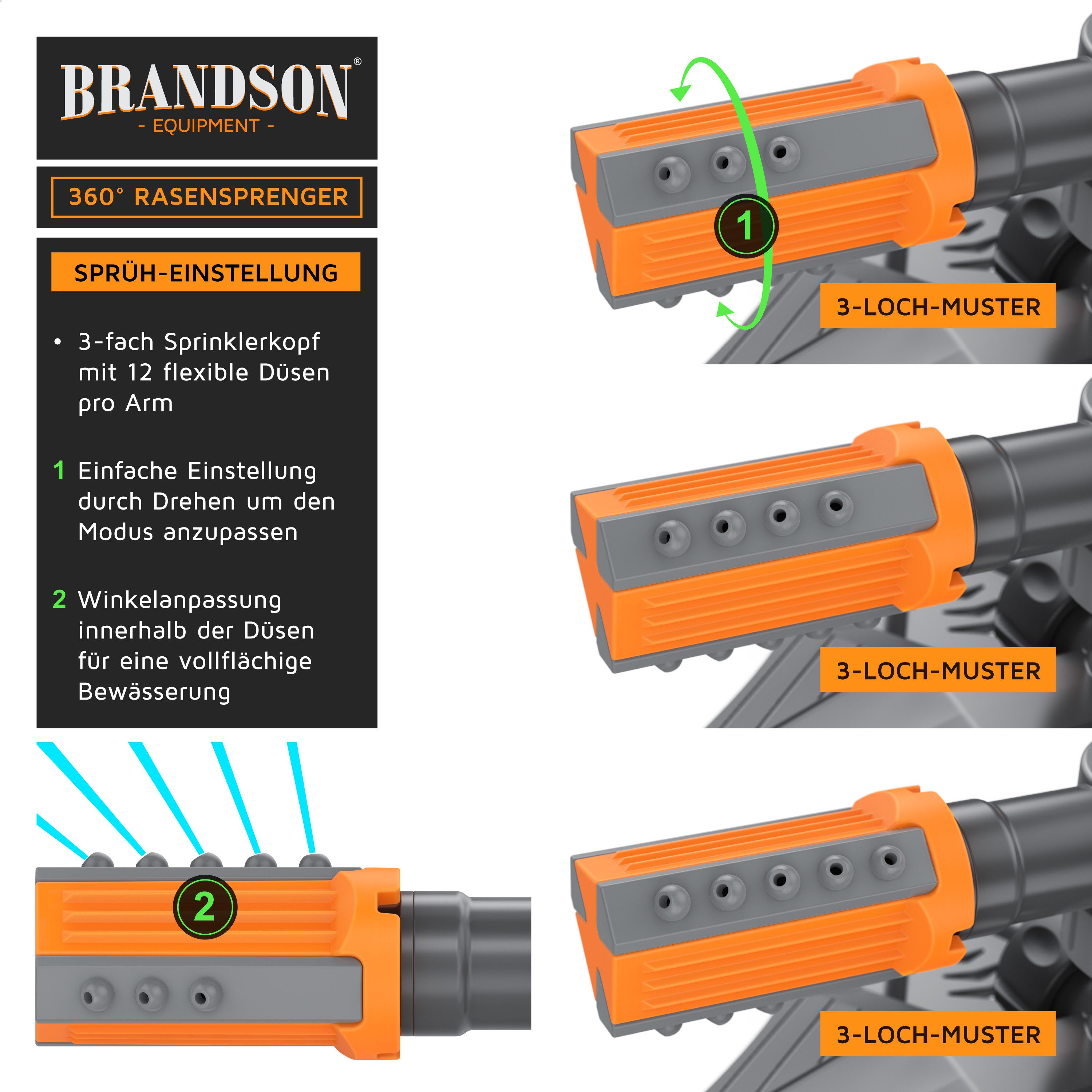 Brandson Kreisregner Garten Sprinkler, 360° Rasensprenger, 3 Arm Rasensnsprikler rotierend, 21 cm lang, (1-St), Sprenger Bewässerungssystem, Bewässerungsanlagen, Gardena kompatibel