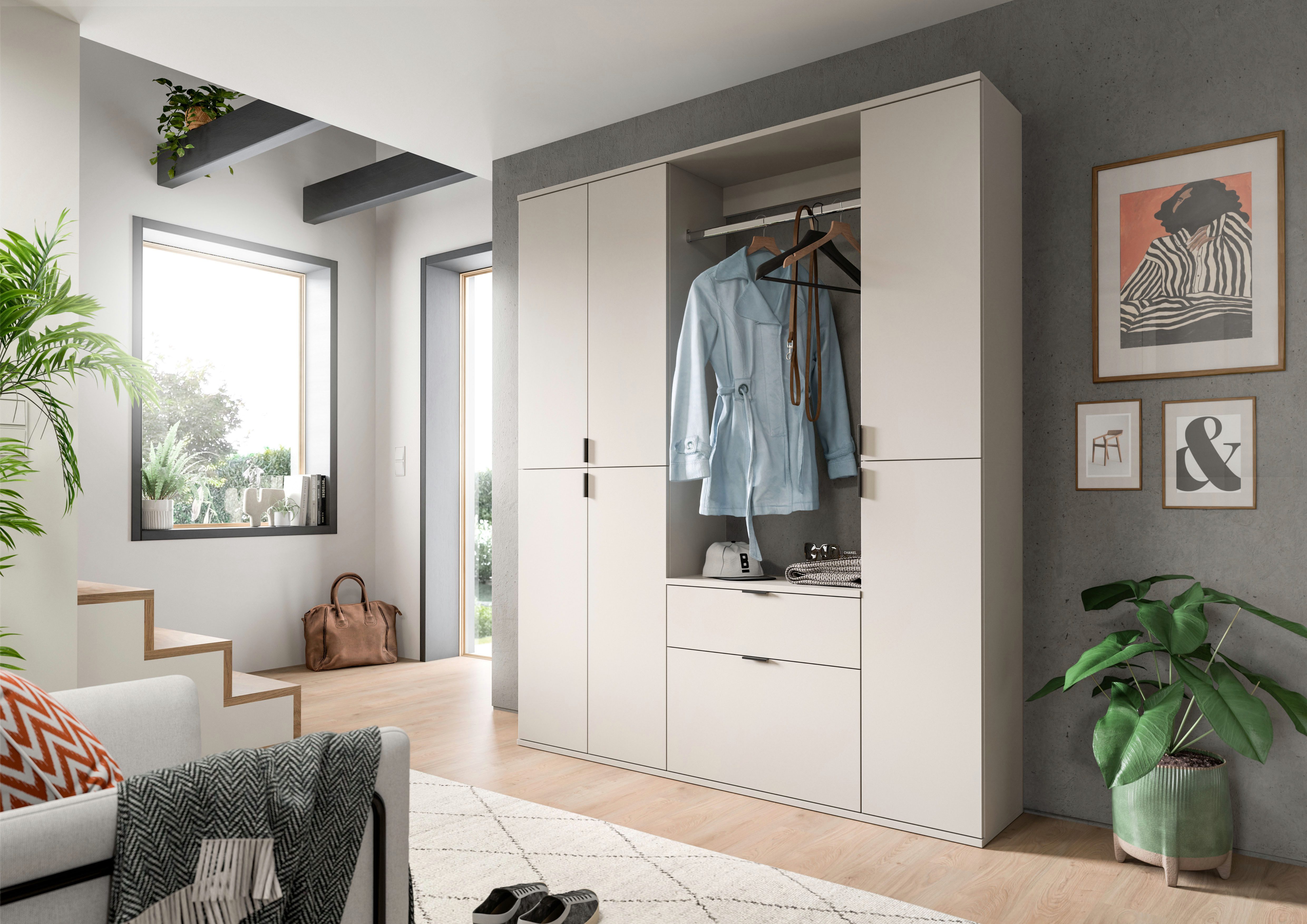 Home affaire Garderoben-Set TRONDHEIM, 5-teilig, Breite 152cm, individuell platzier- & erweiterbar, (Set, 4-St., bestehend aus: 2x Garderobenschrank & 3-tlgs. Zwischenbauelement), Garderobenschrank, Kleiderschrank, Schrankkombination, Garderobe