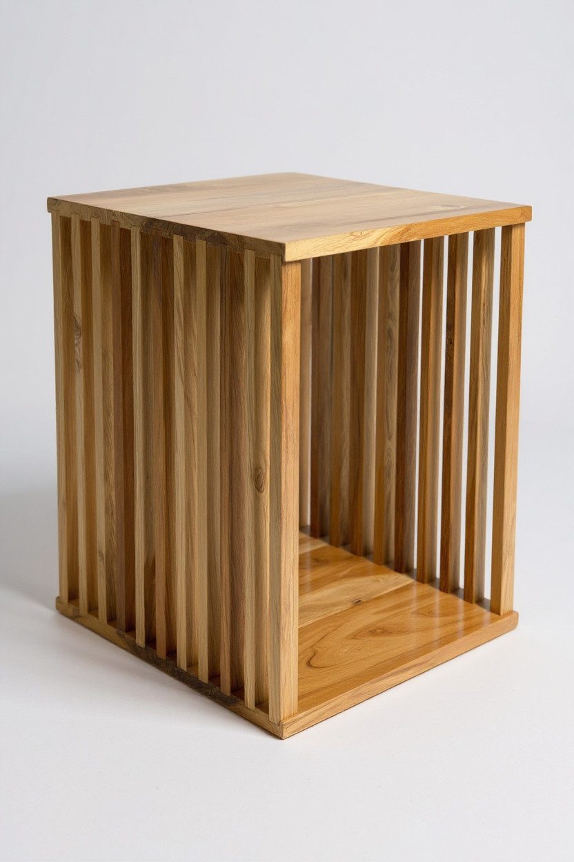 FaHome Beistelltisch Handgefertigt Teakholz - Massivholz - (Holzleisten an den Seiten - Würfel), Natur in Modernem Design - Blumenhocker –