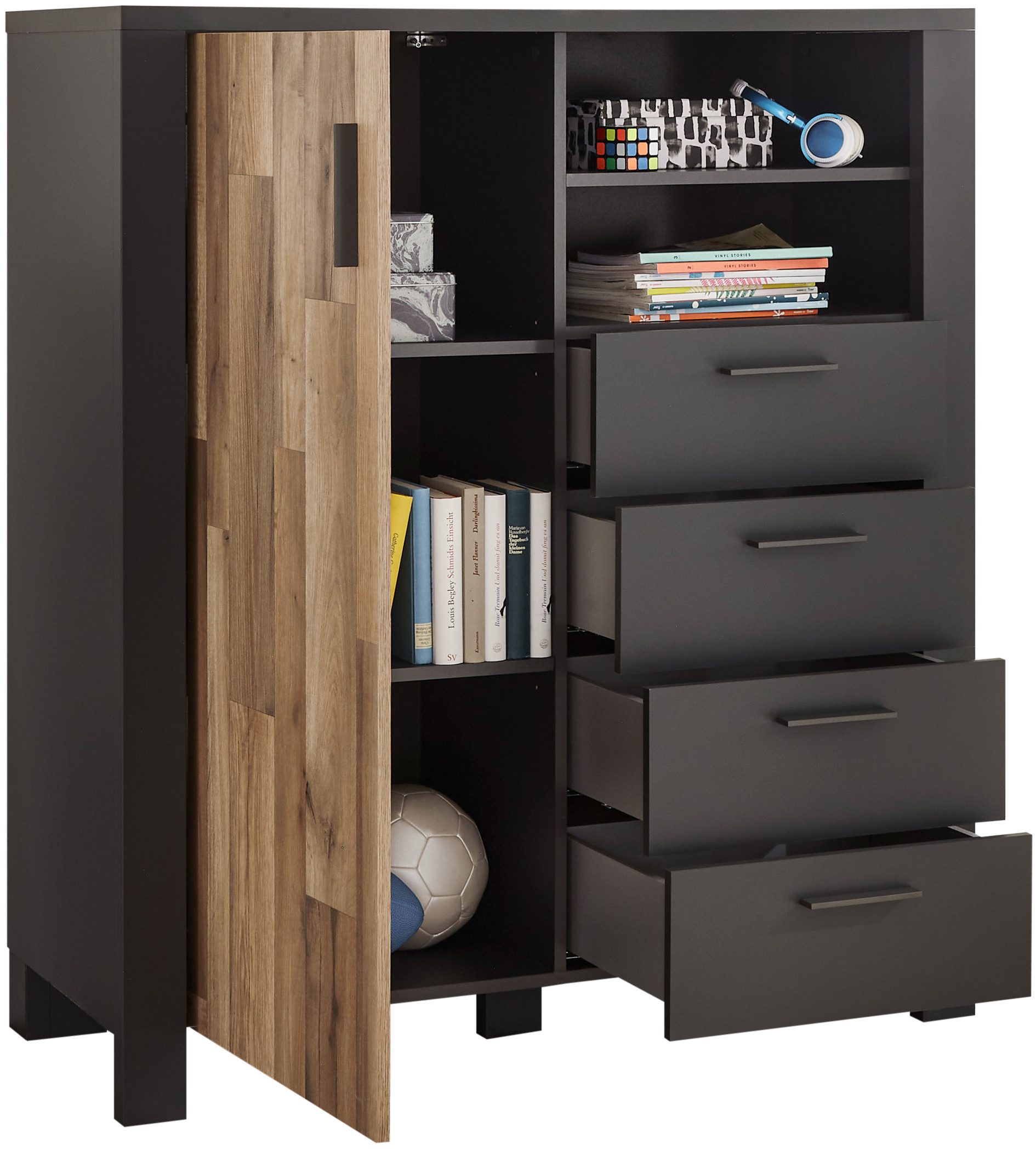 Begabino Schubkastenkommode Dallas Hochkommode, Sideboard, Wäscheschrank, mit Schubkästen, Schrank in Montana Oak-Graphit