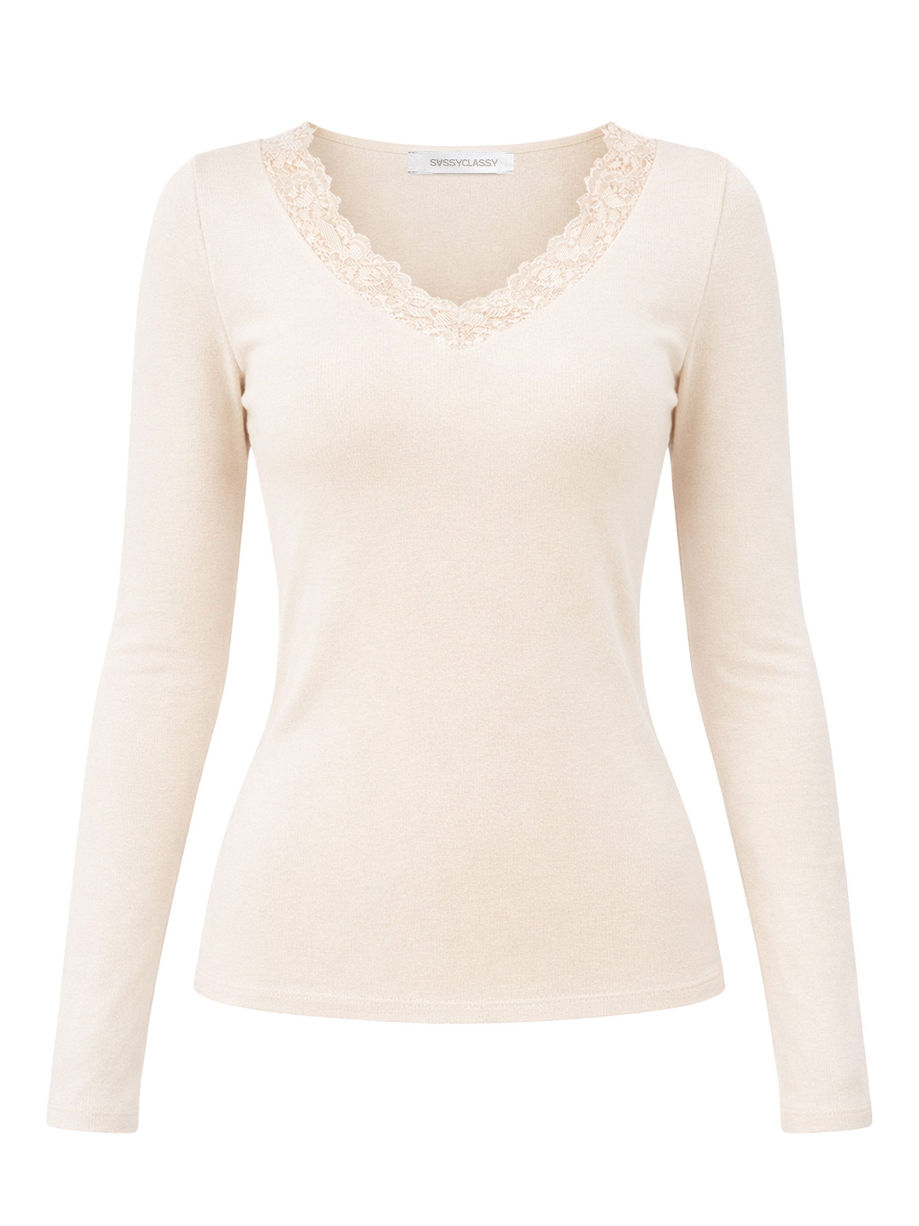 Langarmshirt Langarmshirt mit Spitzenausschnitt für Damen